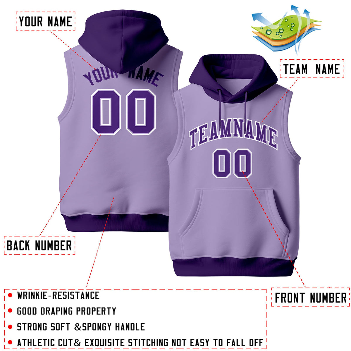 Custom Light Purple Purple White sleeveless Classic style Hoodie| KXKSHOP