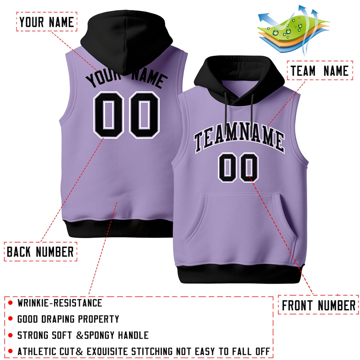 Custom Light Purple Black White sleeveless Classic style Hoodie| KXKSHOP