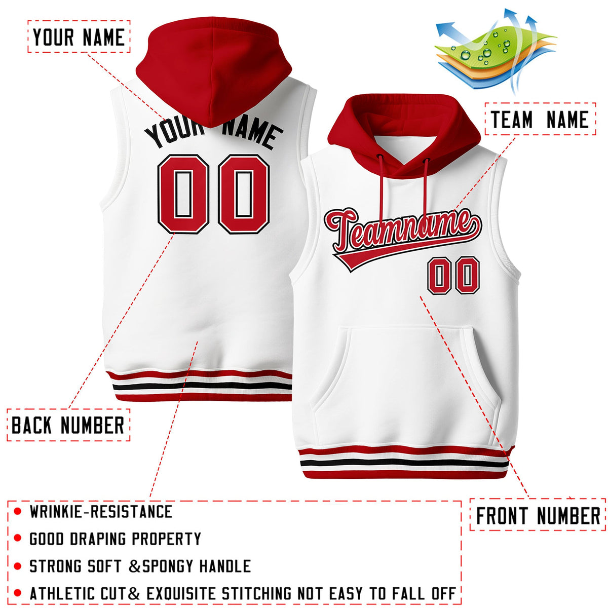 Custom White Red Black sleeveless Classic style Hoodie| KXKSHOP