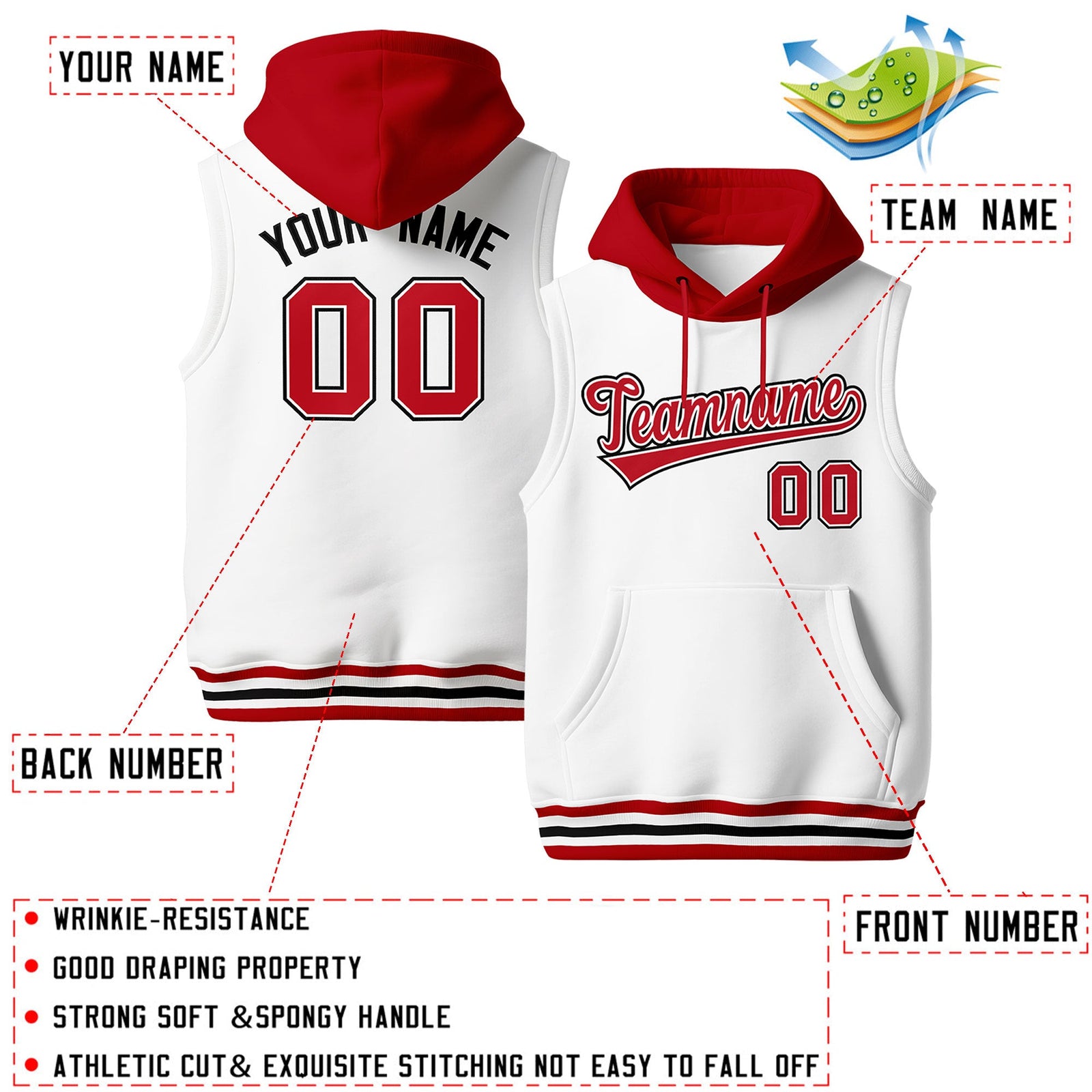 Custom White Red Black sleeveless Classic style Hoodie| KXKSHOP