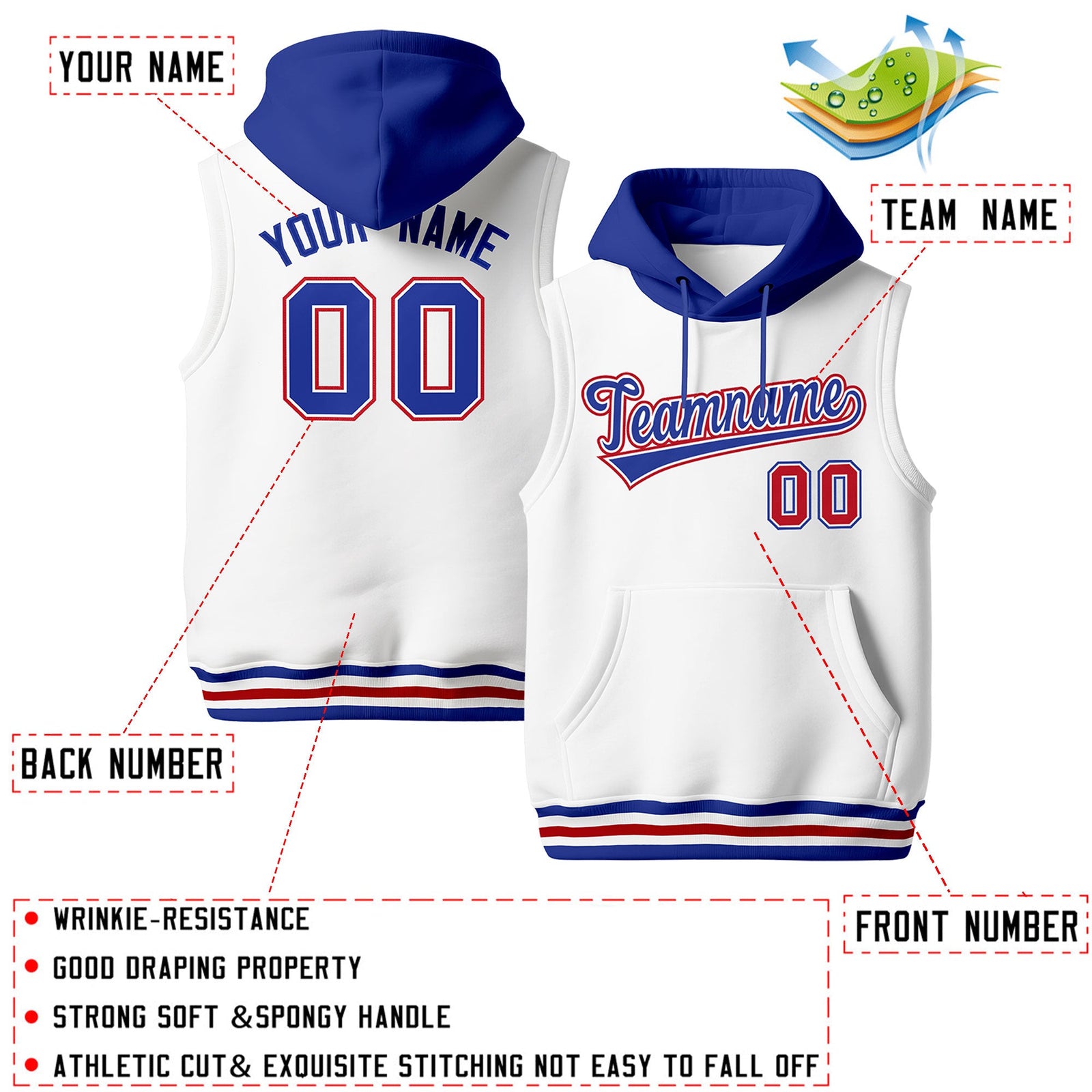 Custom White Royal Blue Red sleeveless Classic style Hoodie| KXKSHOP