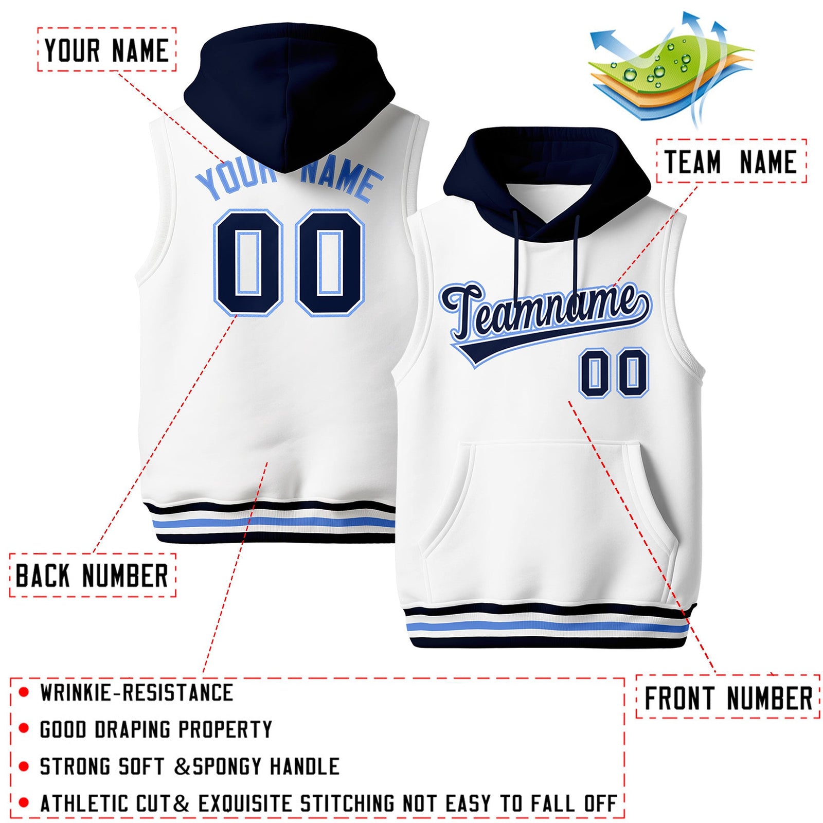 Custom White Navy Powder Blue sleeveless Classic style Hoodie| KXKSHOP