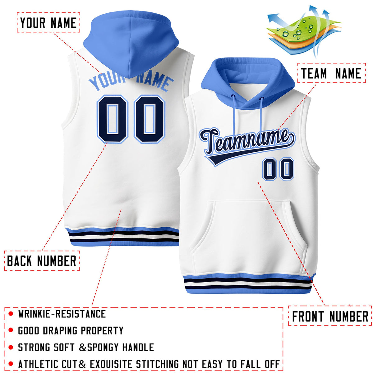 Custom White Powder Blue Navy sleeveless Classic style Hoodie| KXKSHOP