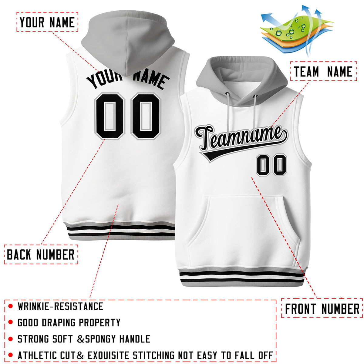 Custom White Gray Black sleeveless Classic style Hoodie| KXKSHOP