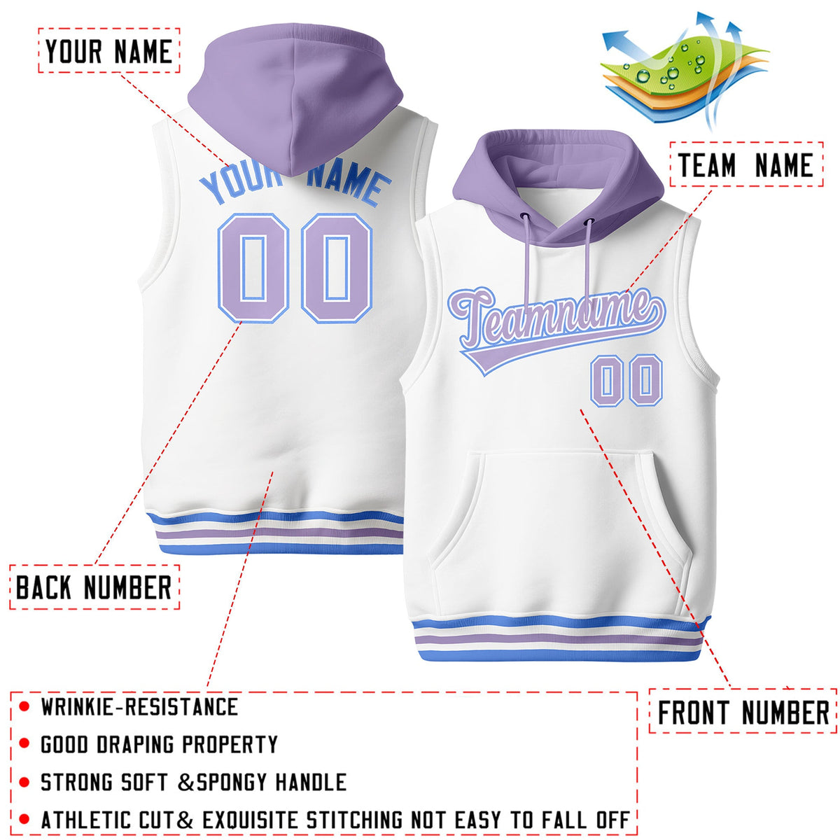 Custom White Light Purple Powder Blue sleeveless Classic style Hoodie| KXKSHOP