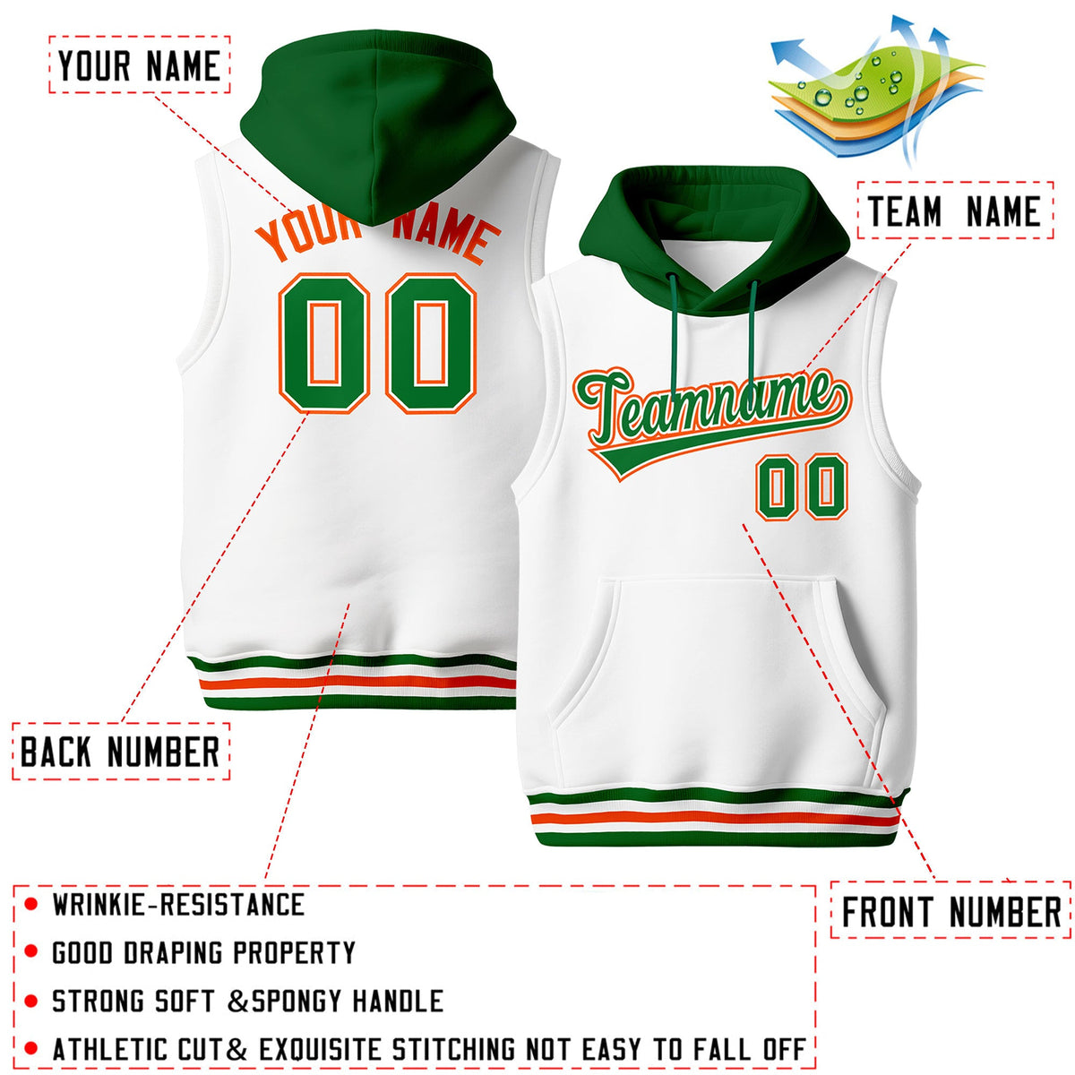 Custom White Kelly Green Orange sleeveless Classic style Hoodie| KXKSHOP