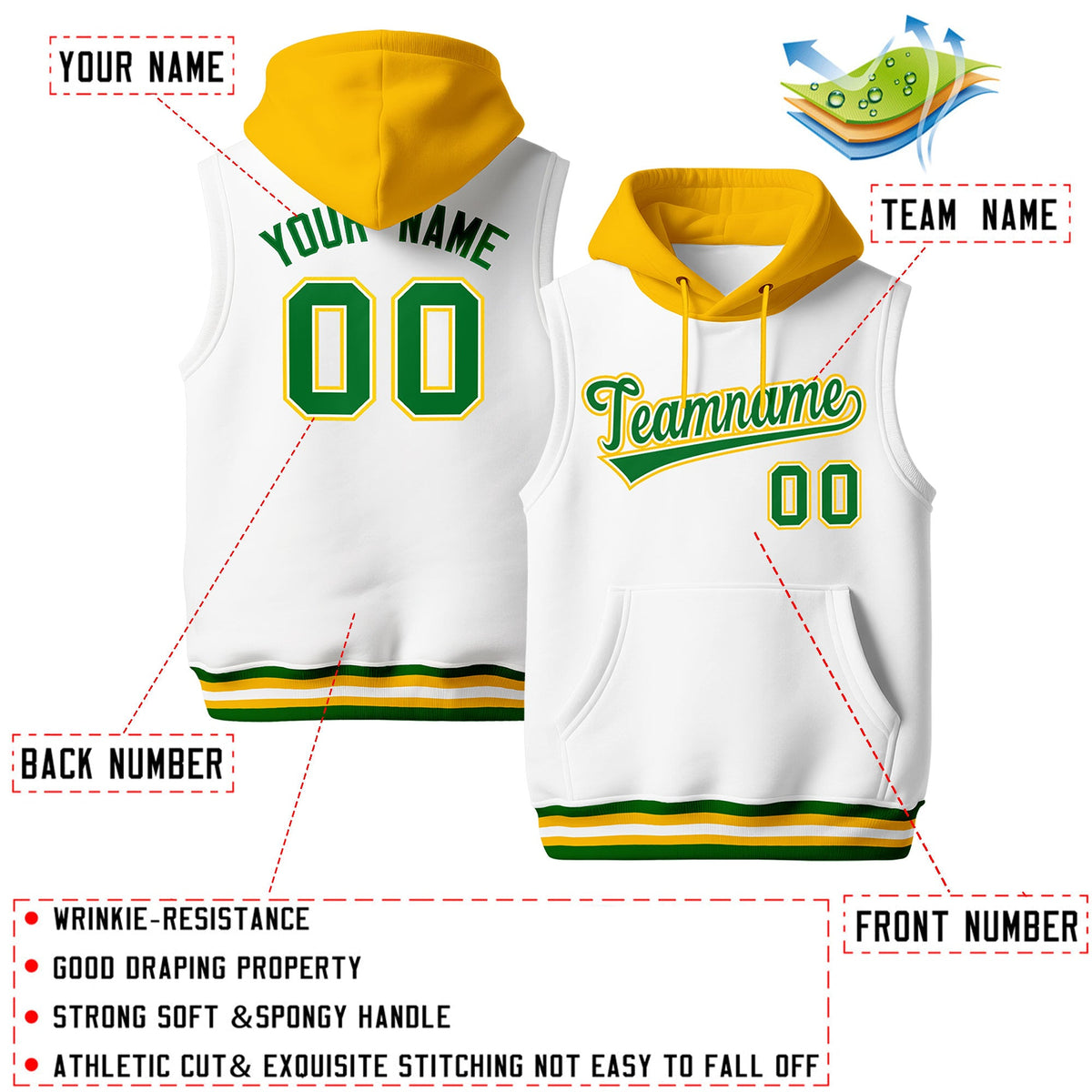 Custom White Gold Kelly Green sleeveless Classic style Hoodie| KXKSHOP