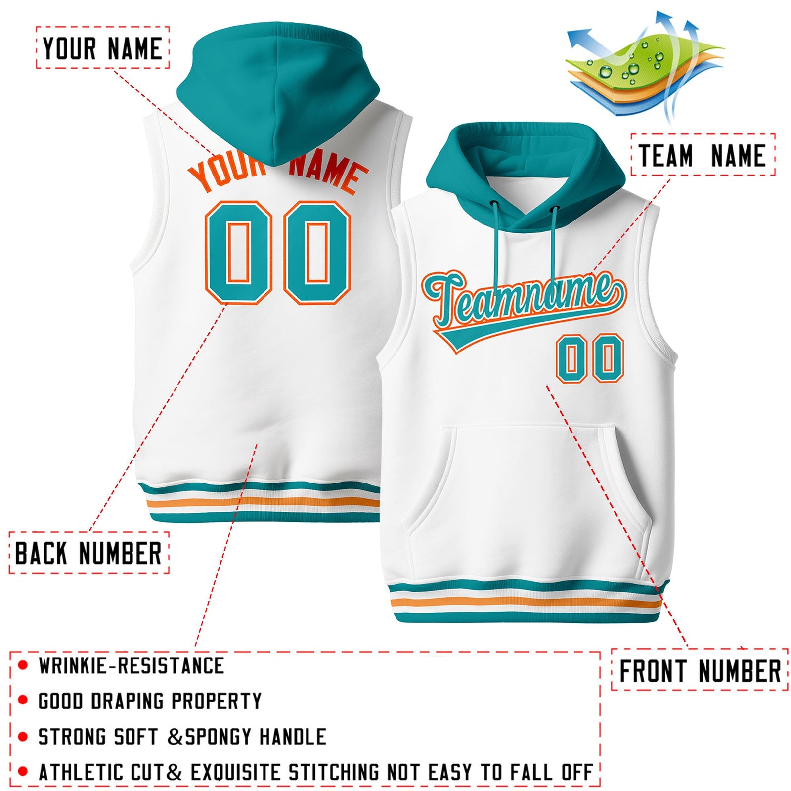 Custom White Aqua Gold Orange sleeveless Classic style Hoodie| KXKSHOP