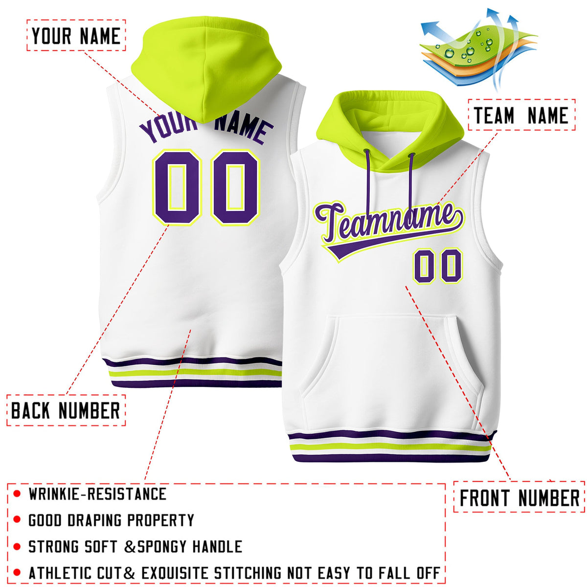 Custom White Fluorescent Green Purple sleeveless Classic style Hoodie| KXKSHOP
