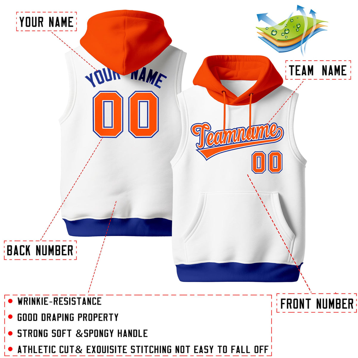 Custom White Orange Royal Blue sleeveless Classic style Hoodie| KXKSHOP