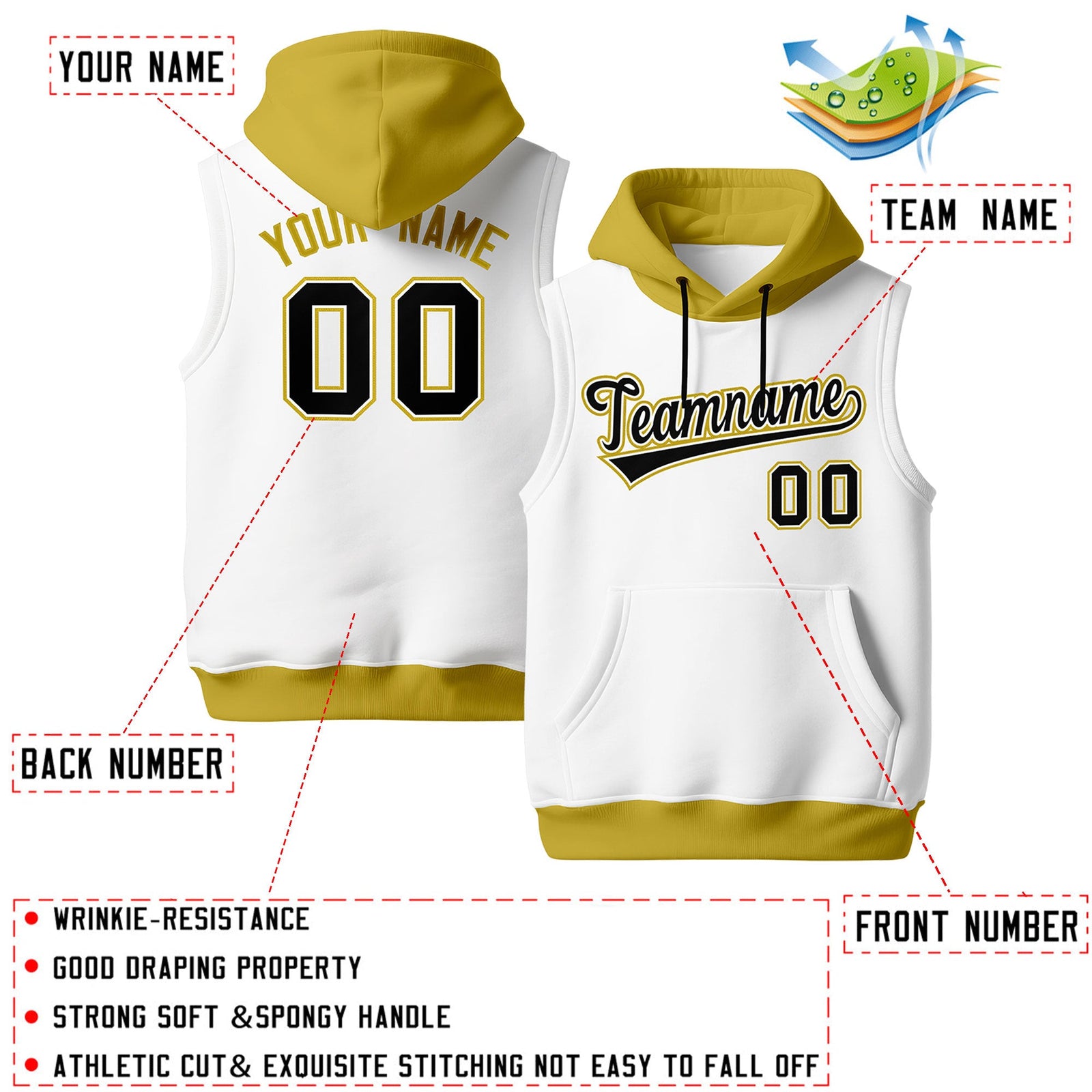 Custom White Old Gold Black sleeveless Classic style Hoodie| KXKSHOP