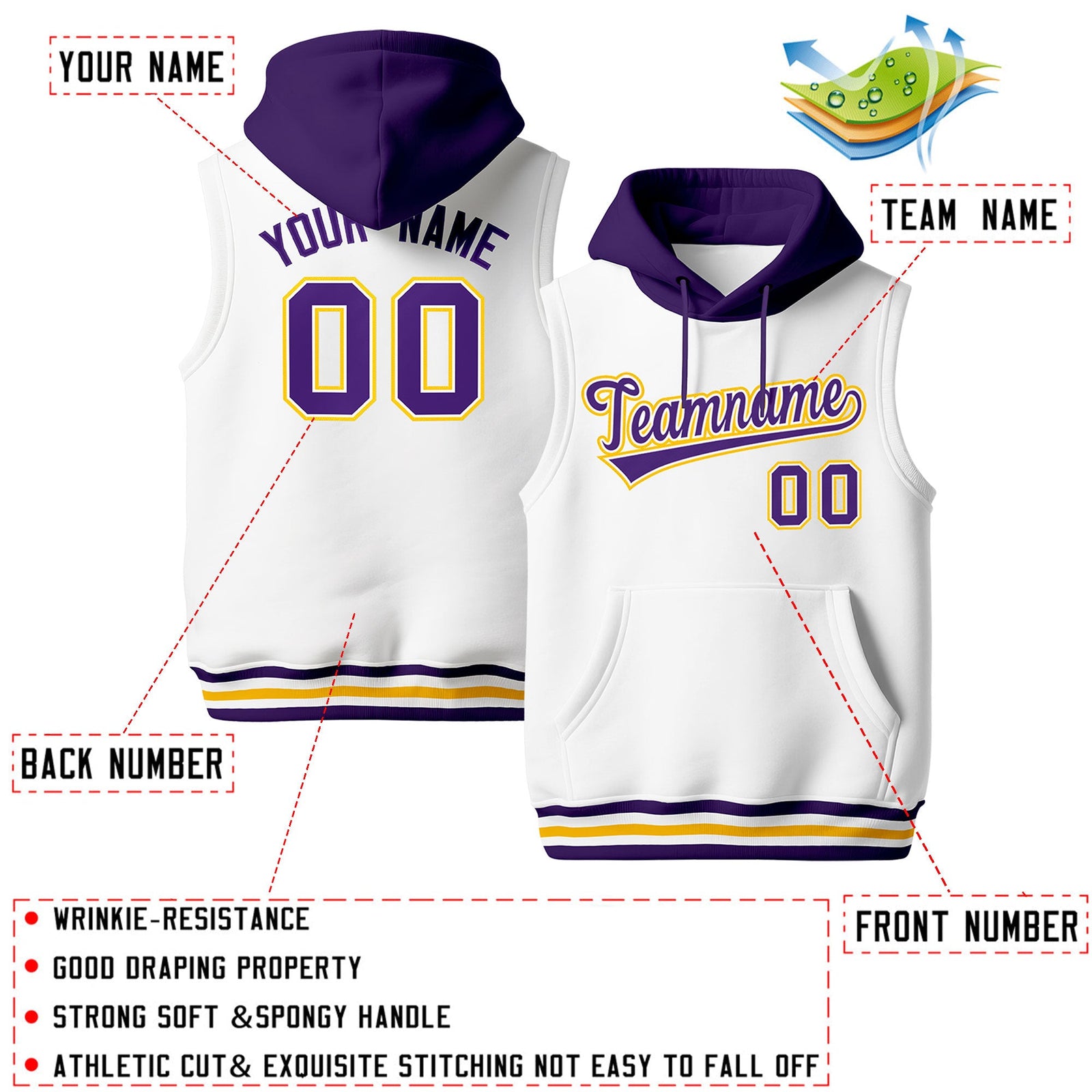 Custom White Purple Gold sleeveless Classic style Hoodie| KXKSHOP