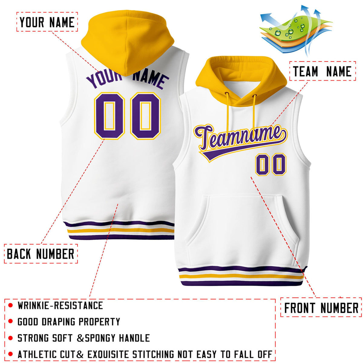 Custom White Gold Purple sleeveless Classic style Hoodie| KXKSHOP