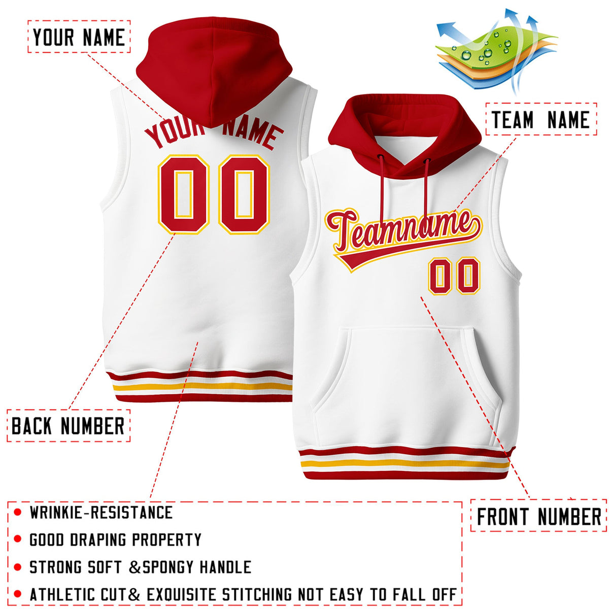 Custom White Red Gold sleeveless Classic style Hoodie| KXKSHOP