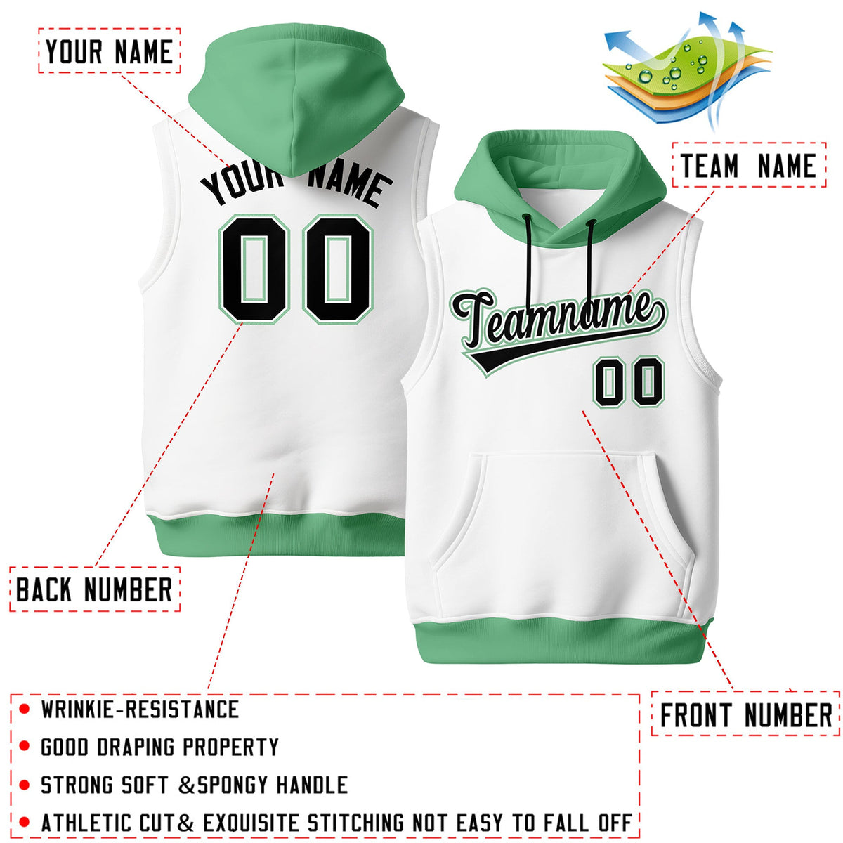 Custom White Green Black sleeveless Classic style Hoodie| KXKSHOP