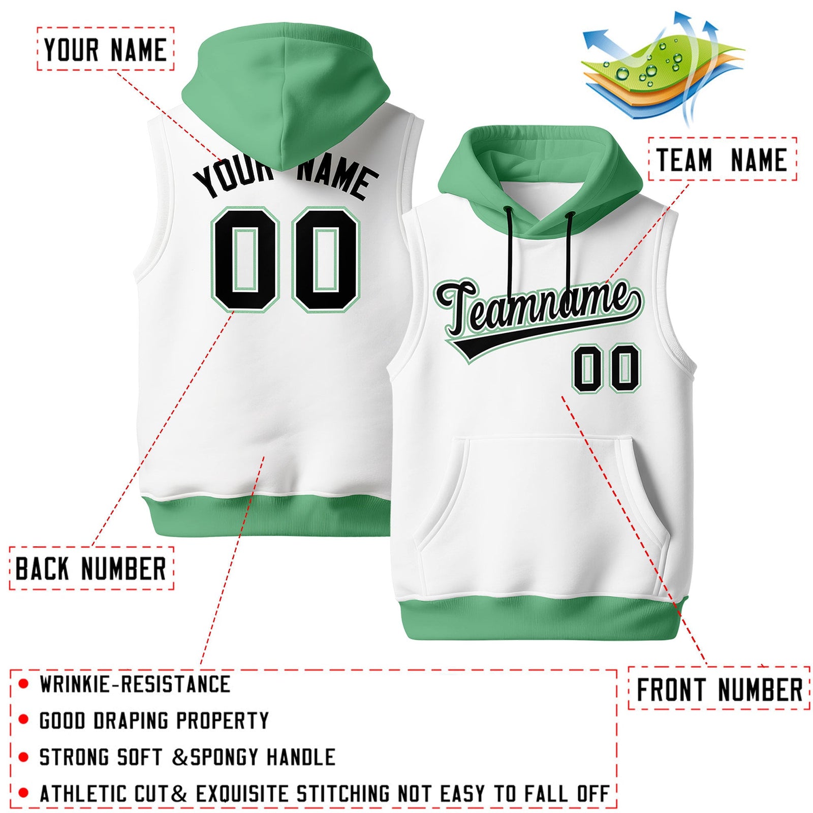 Custom White Green Black sleeveless Classic style Hoodie| KXKSHOP