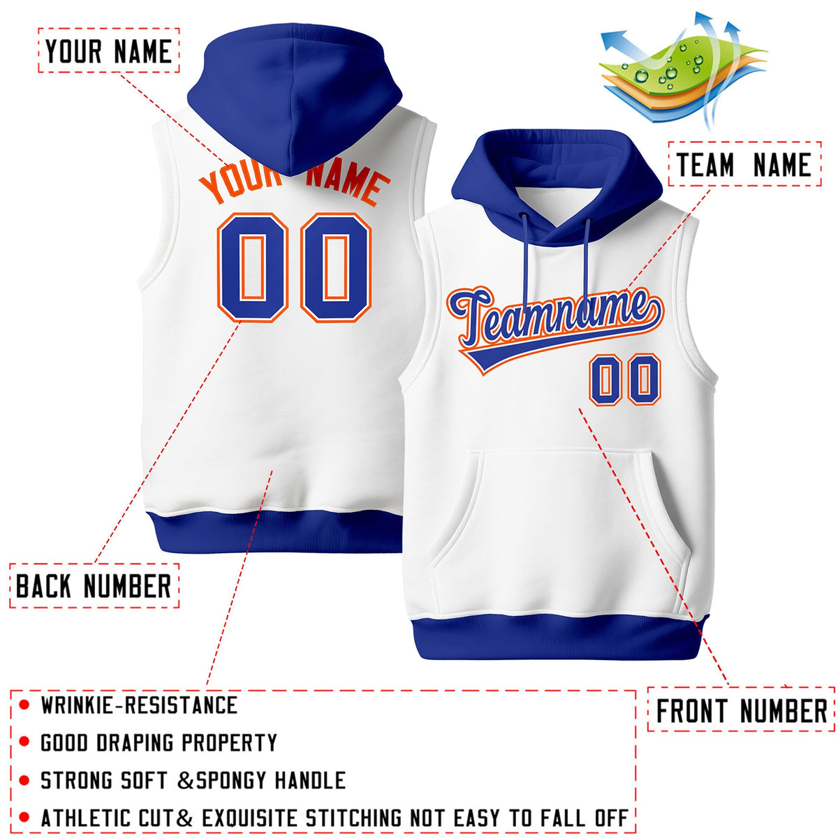 Custom White Royal Blue Orange sleeveless Classic style Hoodie| KXKSHOP