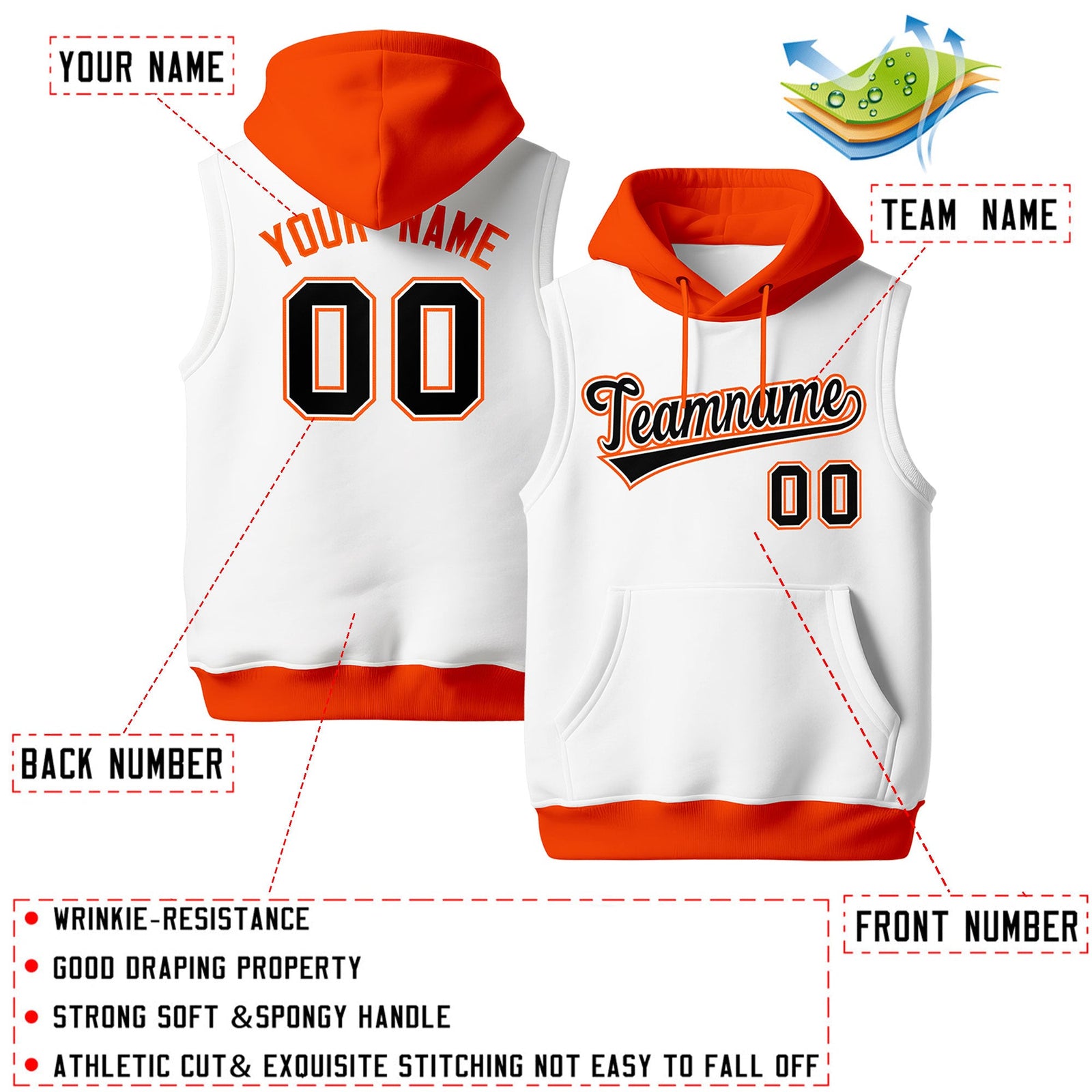 Custom White Orange Black sleeveless Classic style Hoodie| KXKSHOP