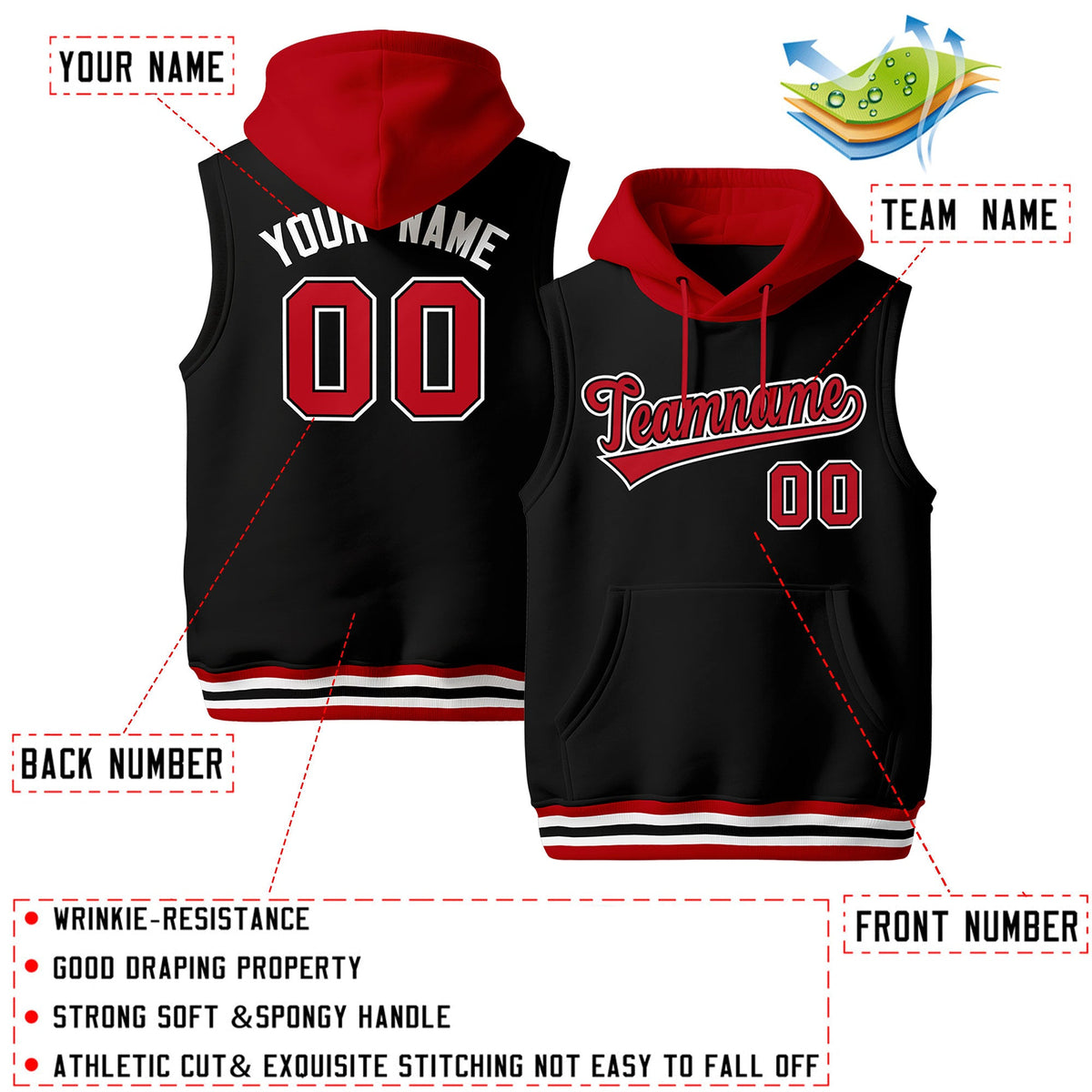 Custom Black Red White sleeveless Classic style Hoodie| KXKSHOP