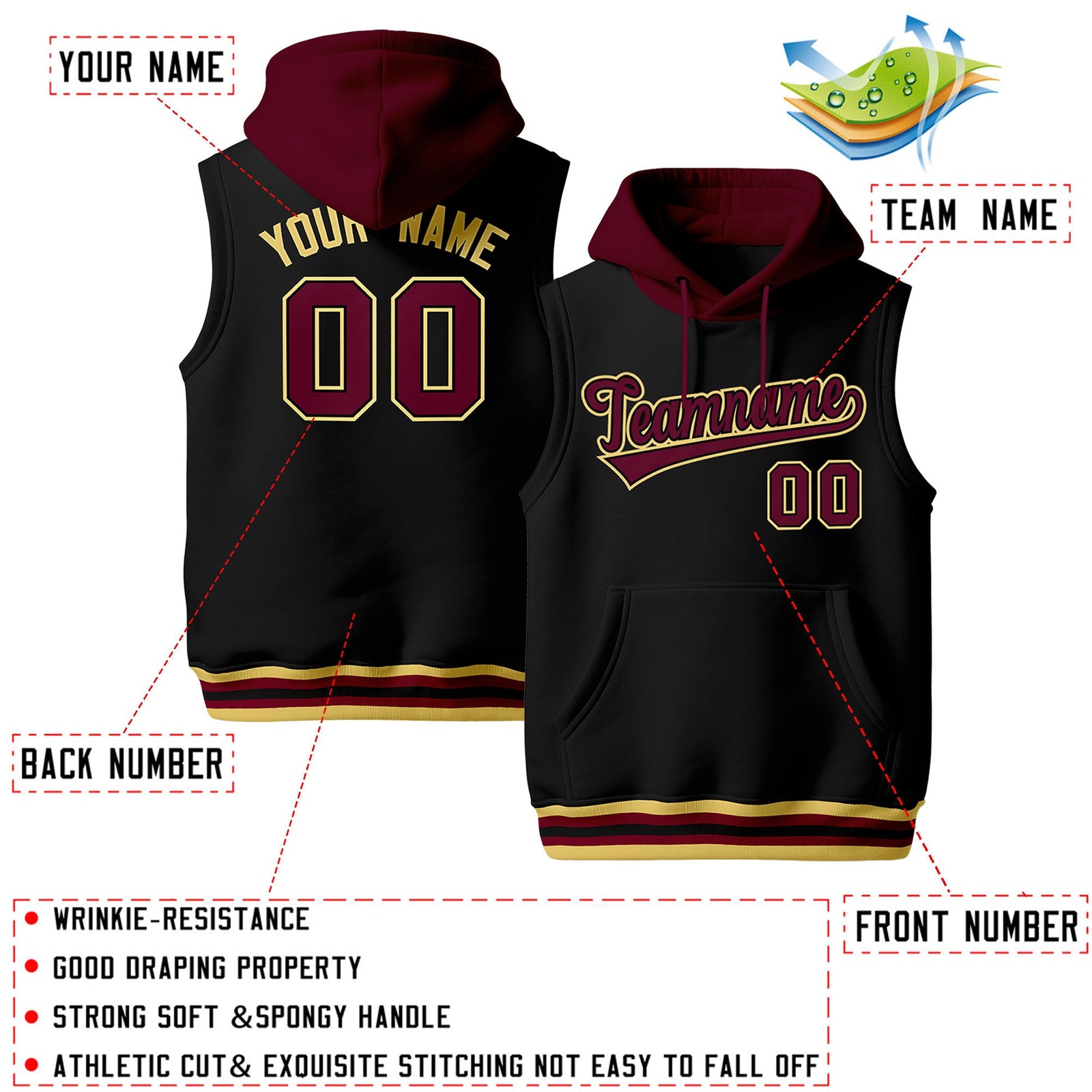 Custom Black Crimson Khaki sleeveless Classic style Hoodie| KXKSHOP