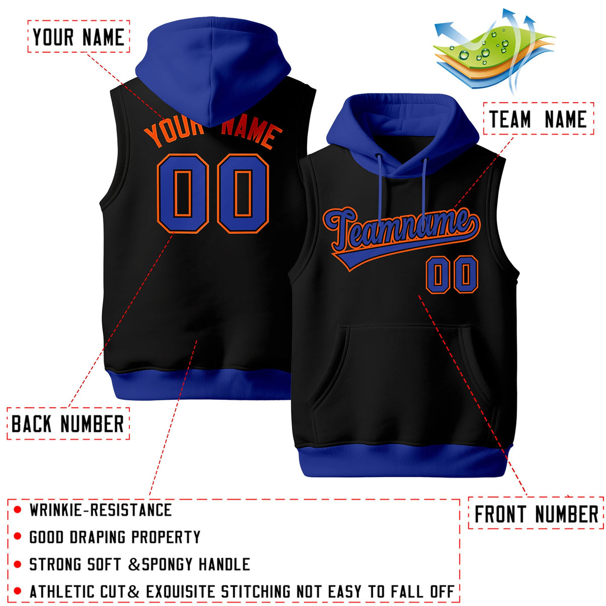 Custom Black Royal Blue Orange sleeveless Classic style Hoodie| KXKSHOP