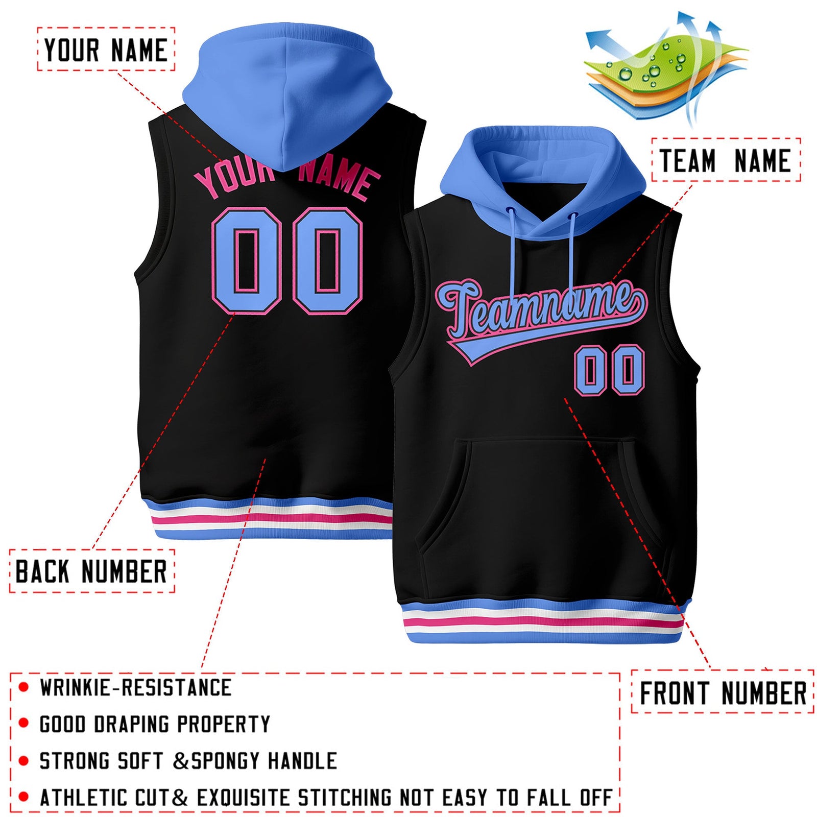 Custom Black Powder Blue White sleeveless Classic style Hoodie| KXKSHOP