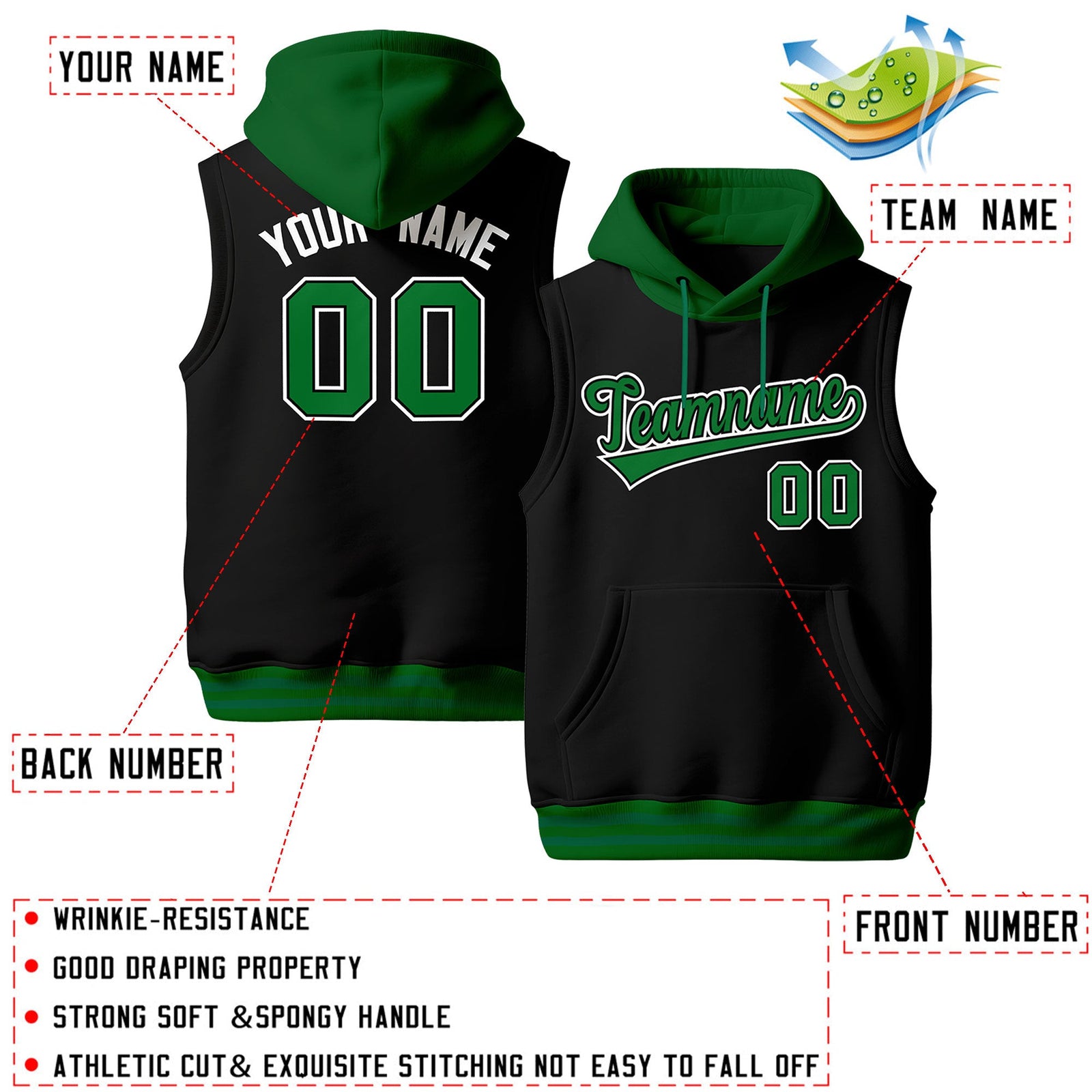 Custom Black Kelly Green White sleeveless Classic style Hoodie| KXKSHOP