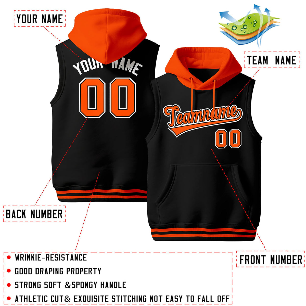 Custom Black Orange White sleeveless Classic style Hoodie| KXKSHOP