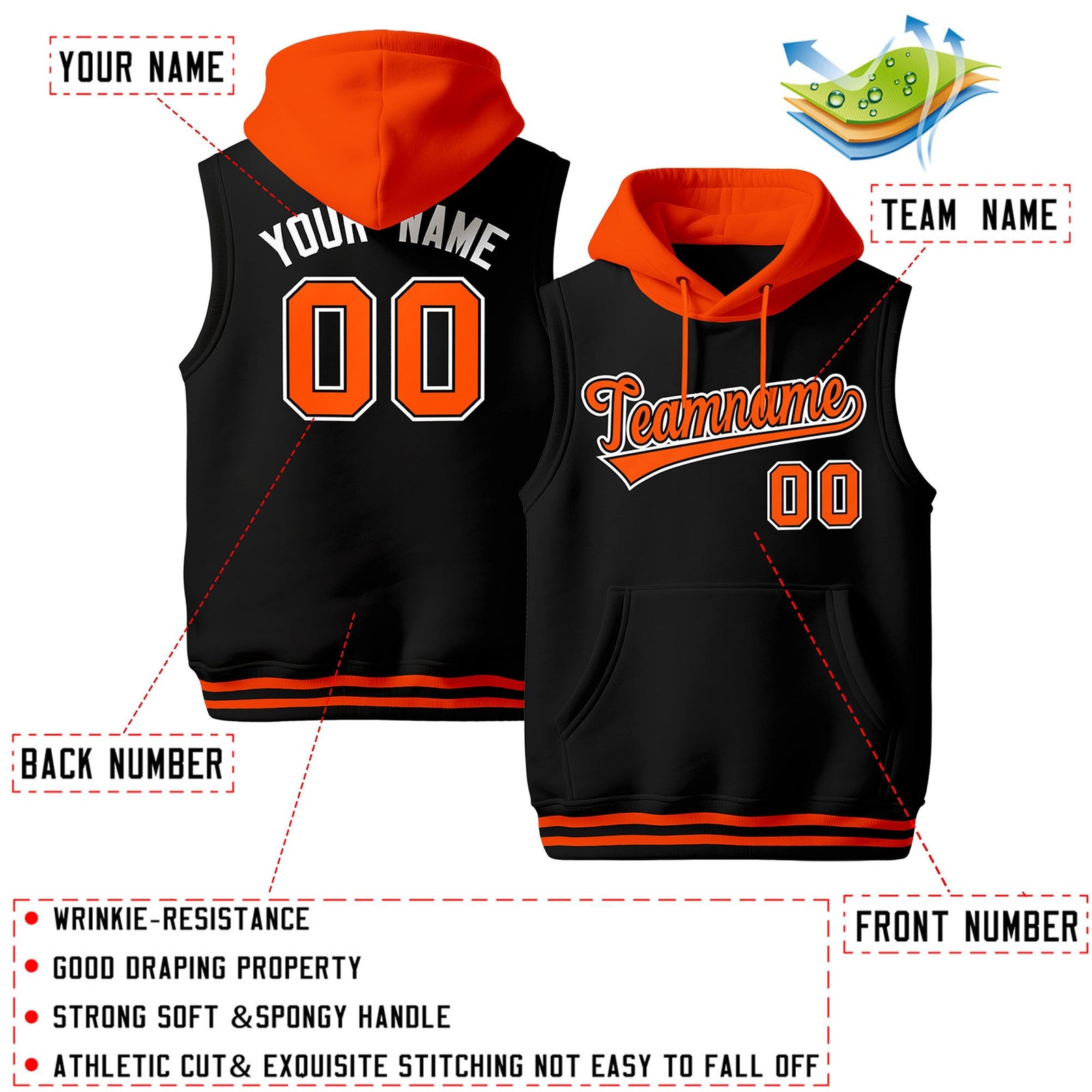 Custom Black Orange White sleeveless Classic style Hoodie| KXKSHOP