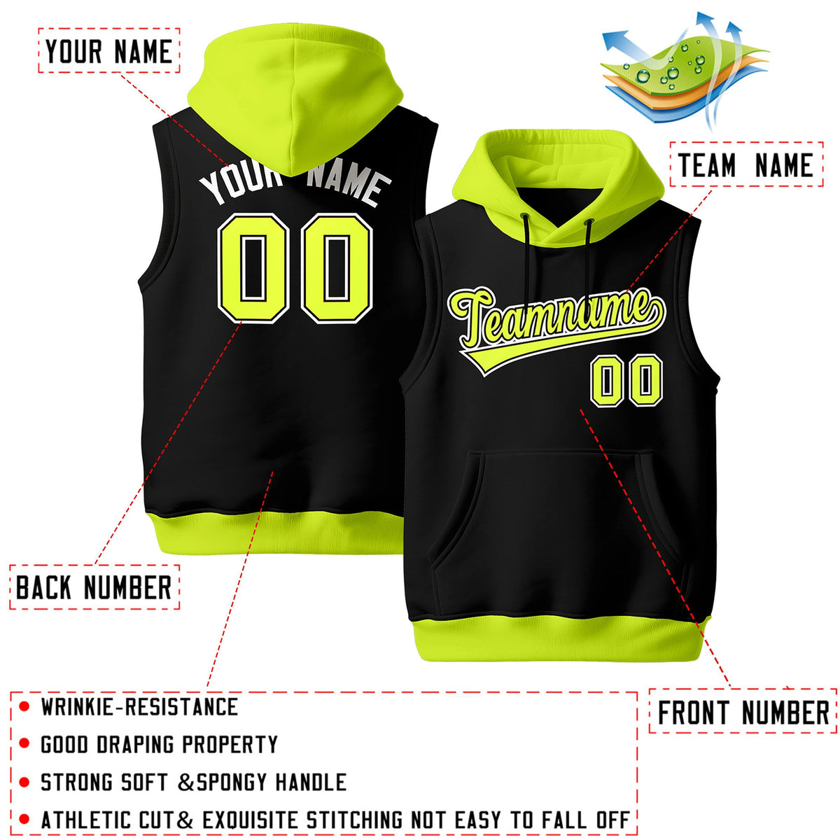 Custom Black Fluorescent Green Neon Green sleeveless Classic style Hoodie| KXKSHOP