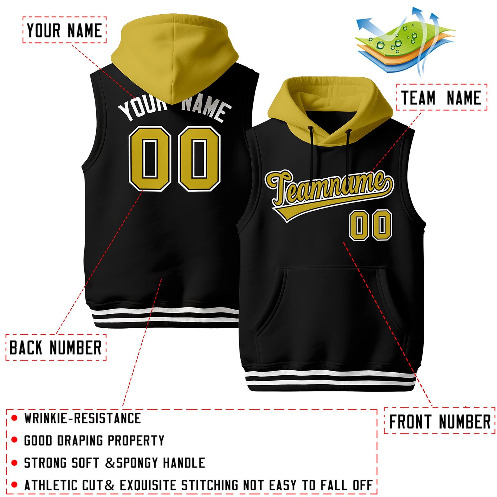 Custom Black Old Gold White sleeveless Classic style Hoodie| KXKSHOP