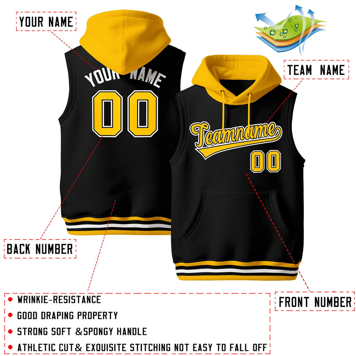 Custom Black Gold White sleeveless Classic style Hoodie| KXKSHOP