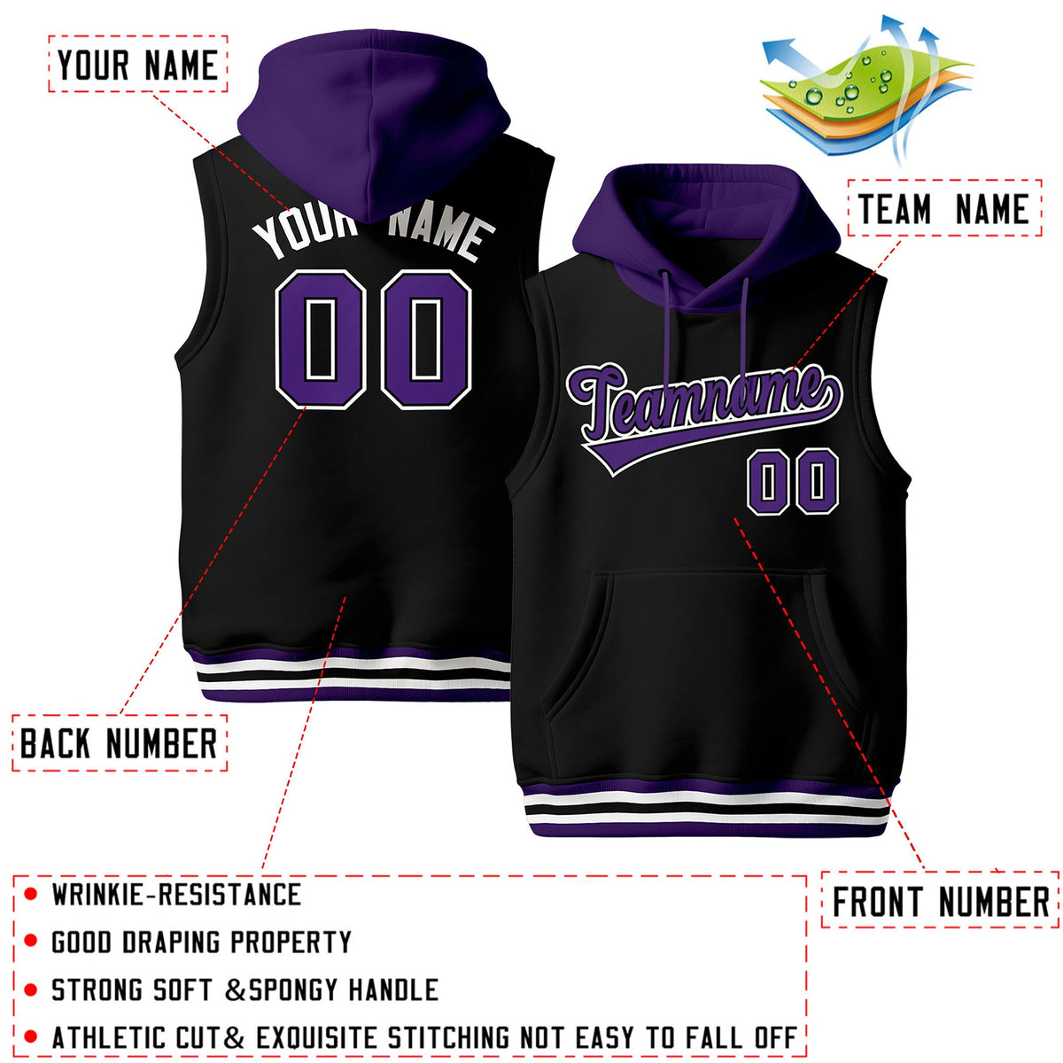 Custom Black Purple White sleeveless Classic style Hoodie| KXKSHOP