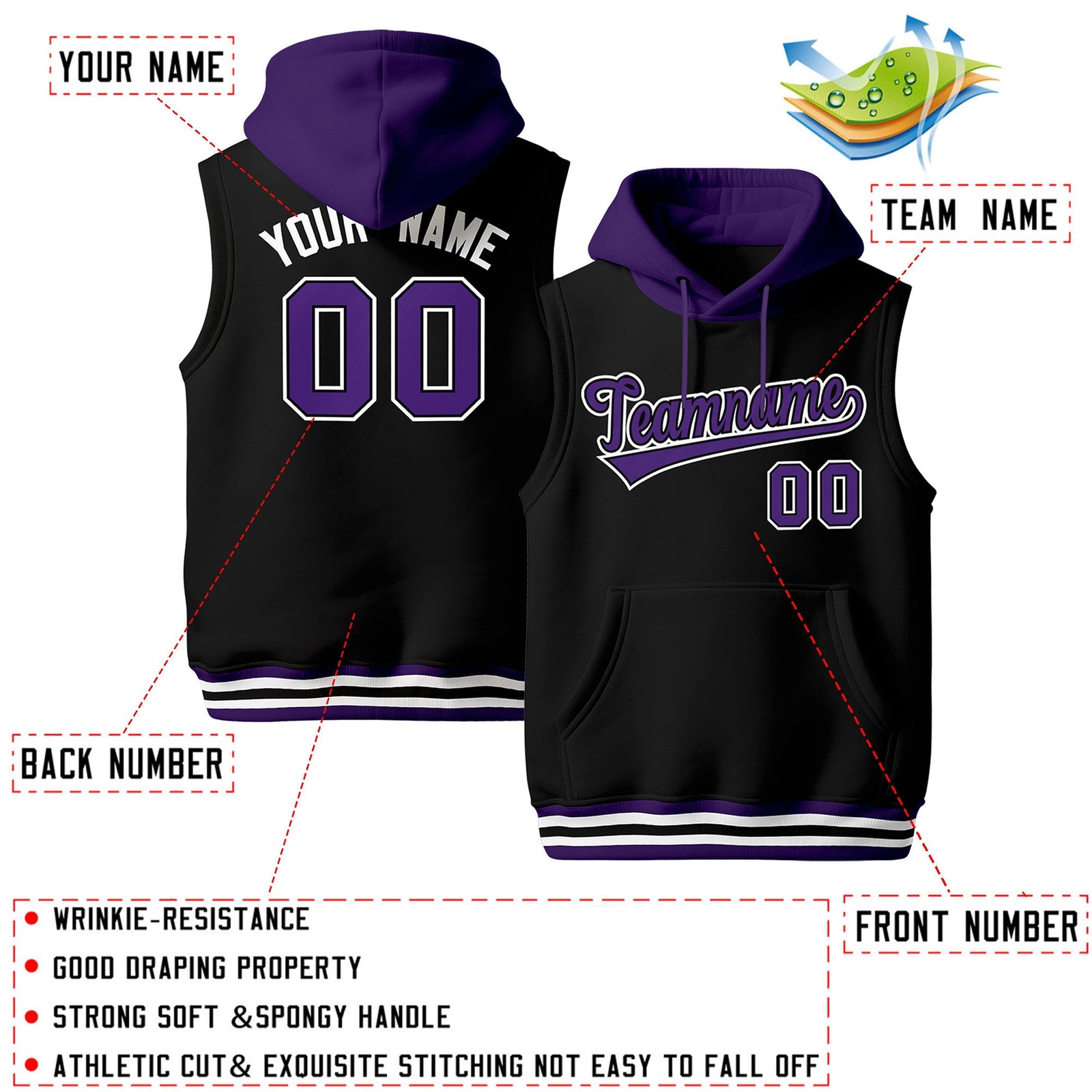 Custom Black Purple White sleeveless Classic style Hoodie| KXKSHOP