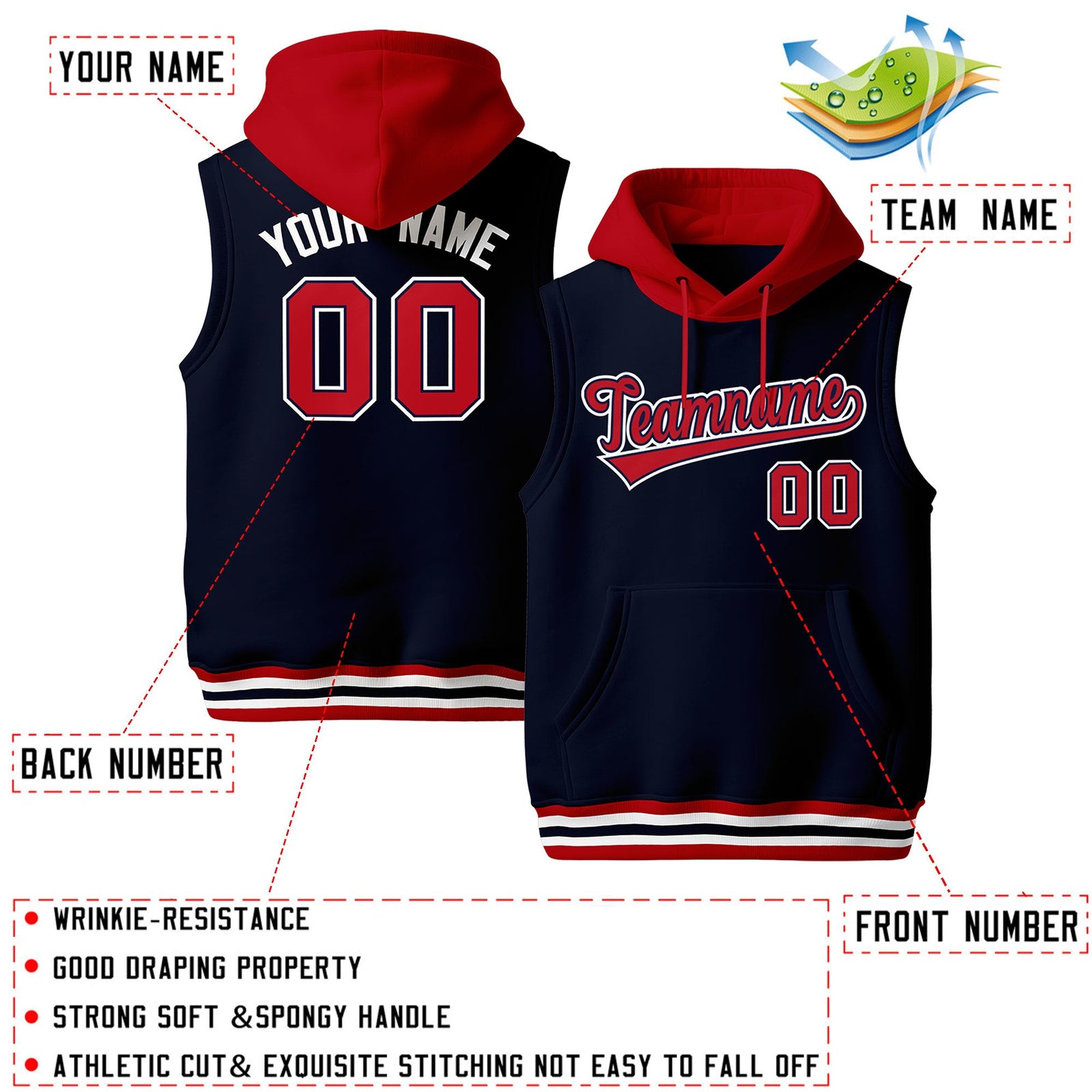 Custom Navy Red White sleeveless Classic style Hoodie| KXKSHOP