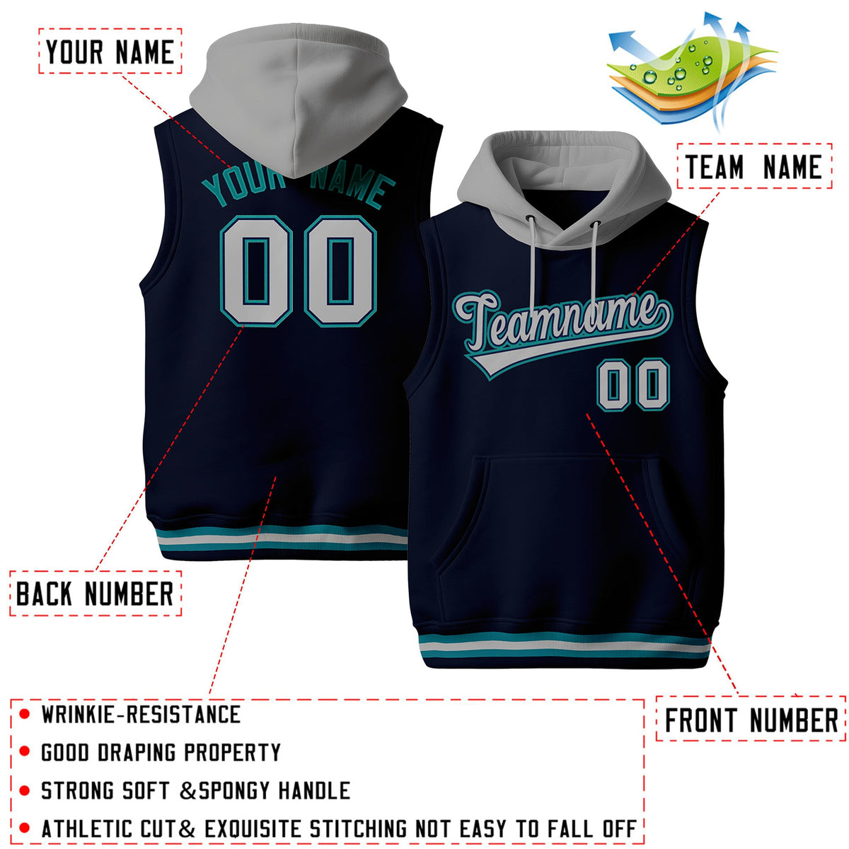 Custom Navy Gray Teal sleeveless Classic style Hoodie| KXKSHOP