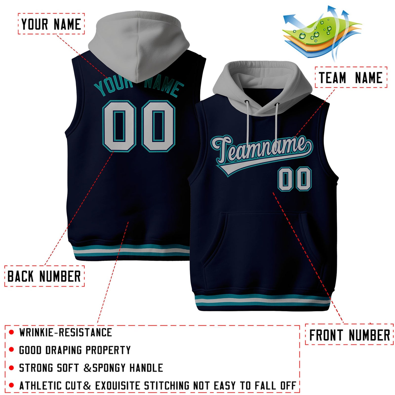 Custom Navy Gray Teal sleeveless Classic style Hoodie| KXKSHOP