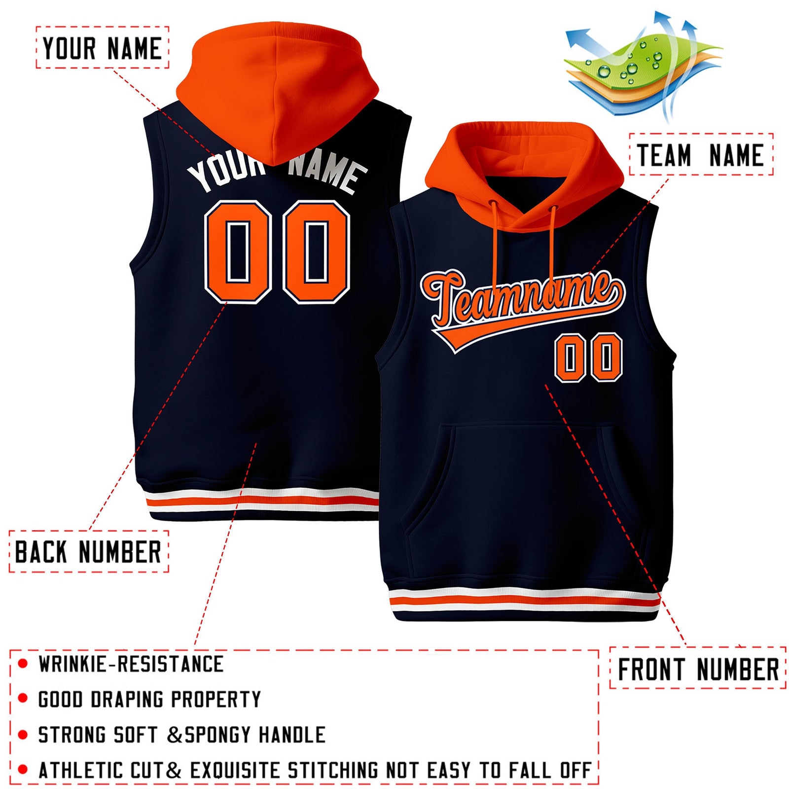 Custom Navy Orange White sleeveless Classic style Hoodie| KXKSHOP