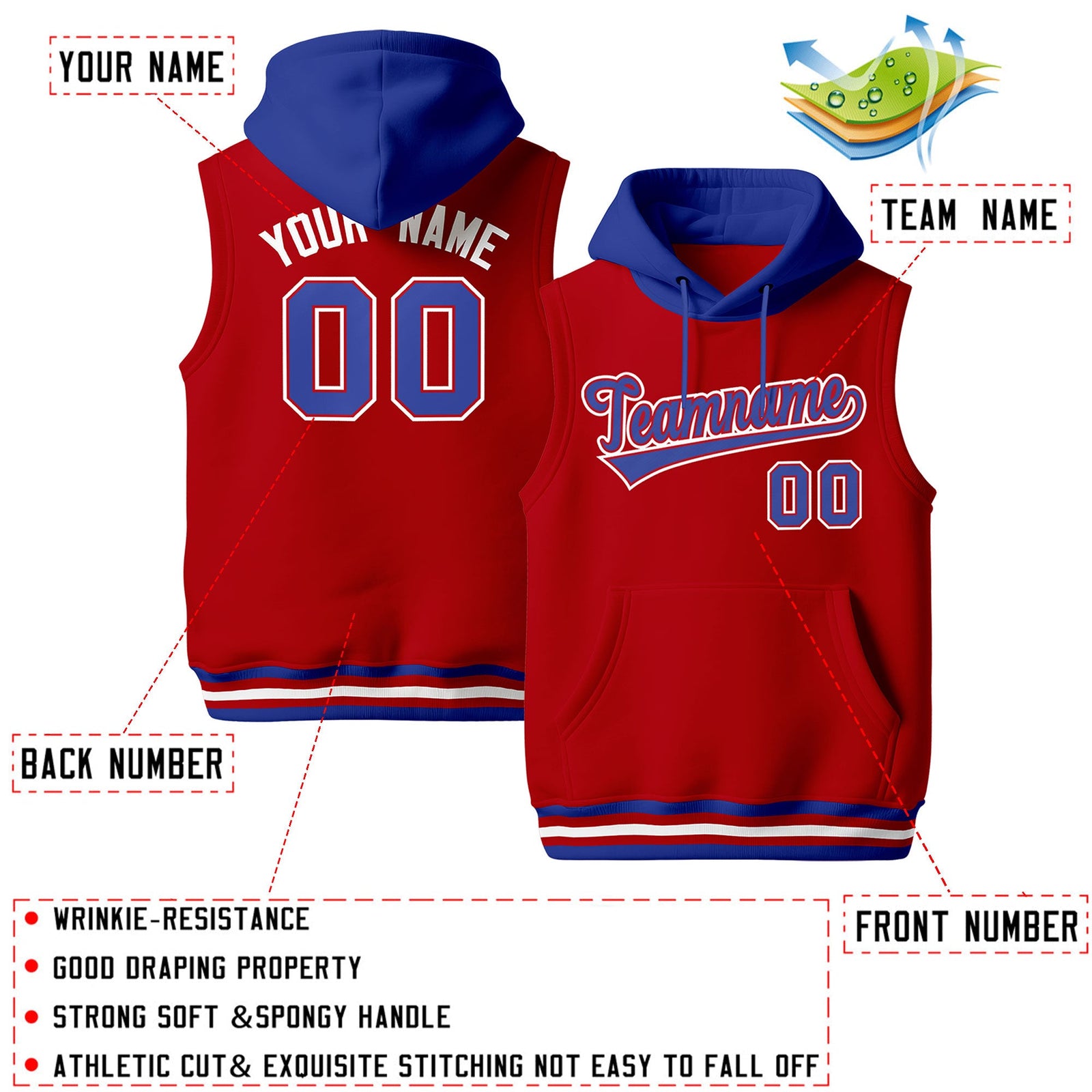 Custom Red Royal Blue White sleeveless Classic style Hoodie| KXKSHOP