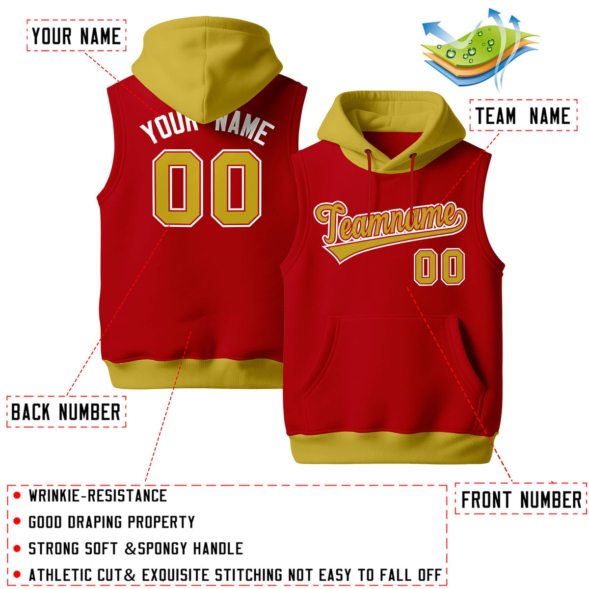 Custom Red Old Gold White sleeveless Classic style Hoodie| KXKSHOP