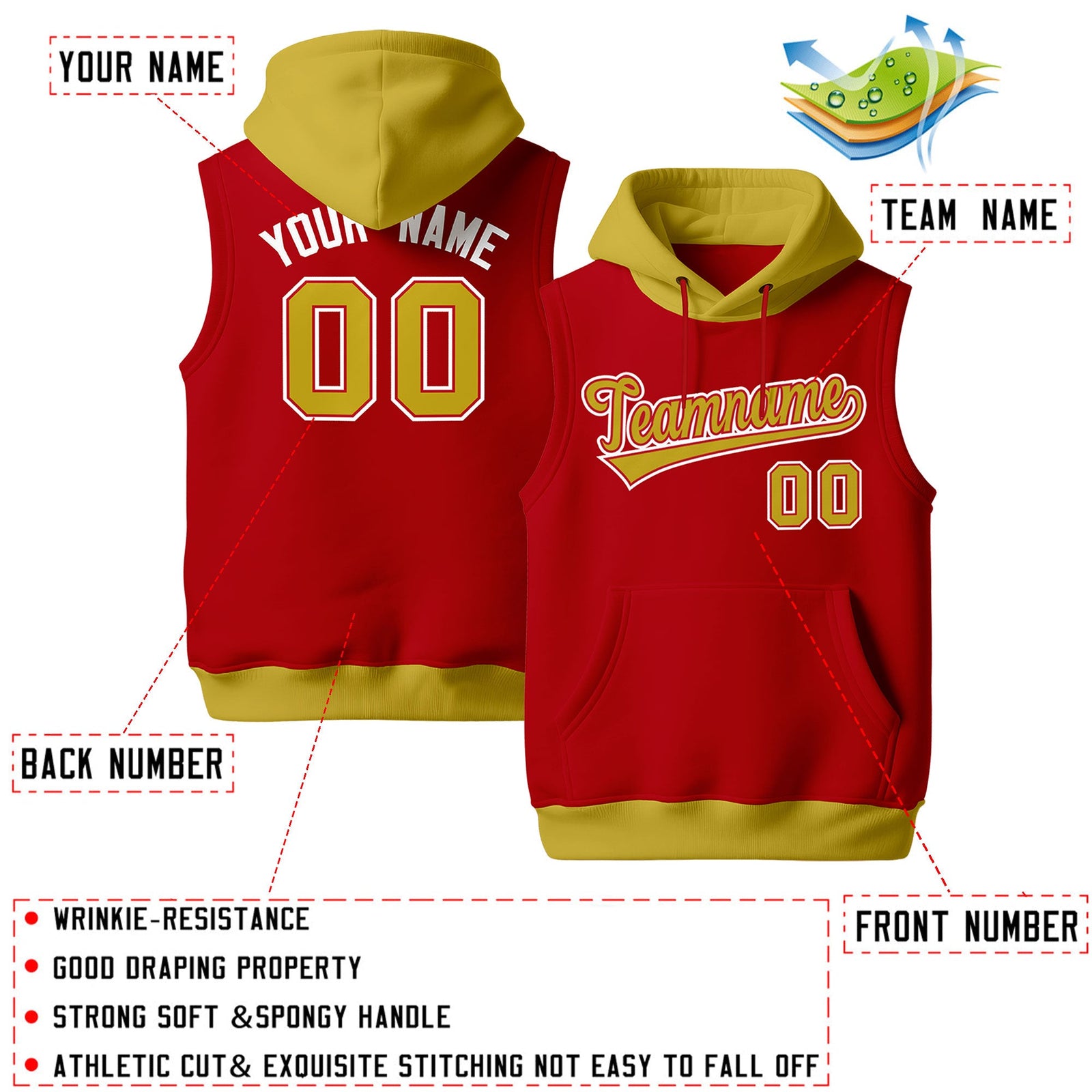 Custom Red Old Gold White sleeveless Classic style Hoodie| KXKSHOP