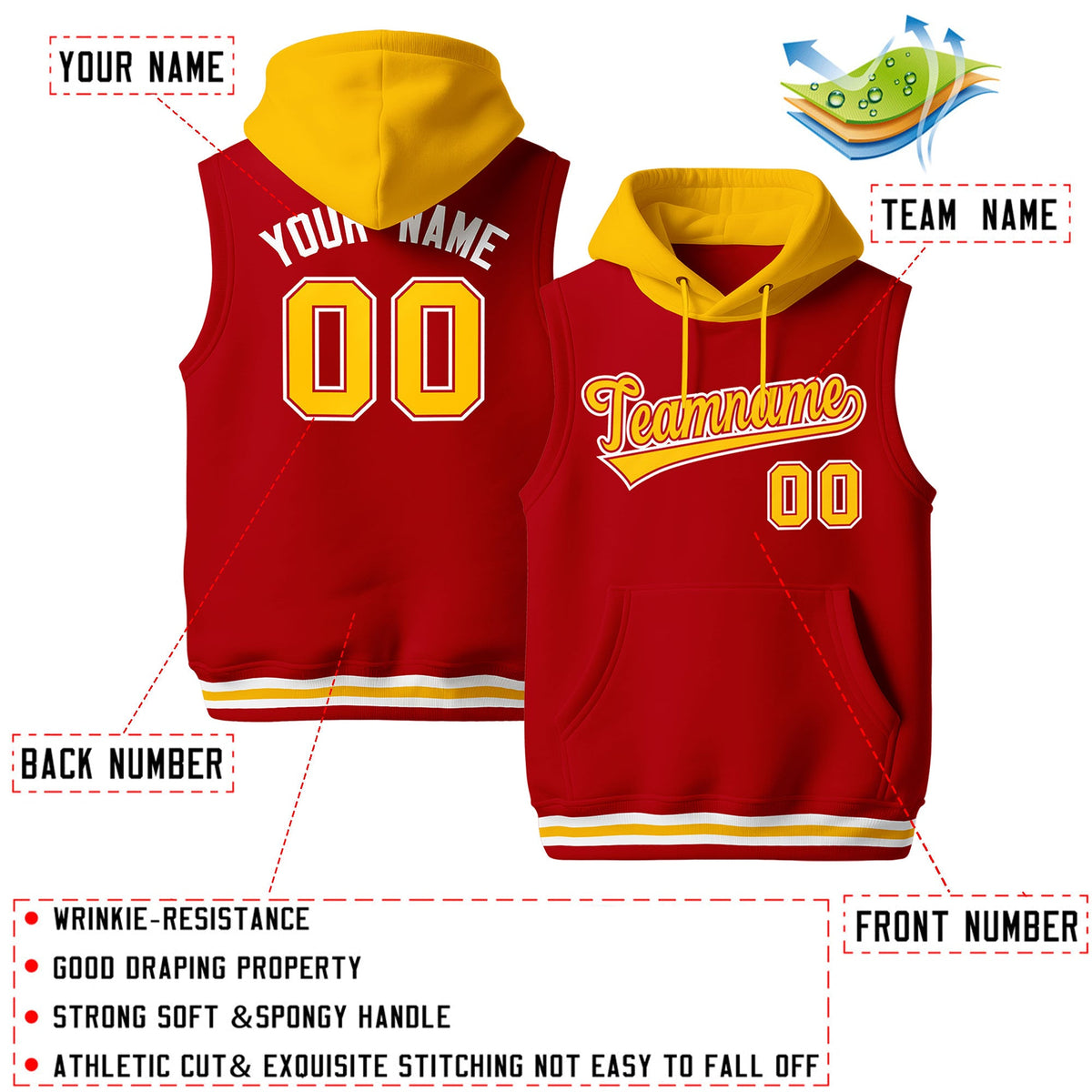Custom Red Gold White sleeveless Classic style Hoodie| KXKSHOP