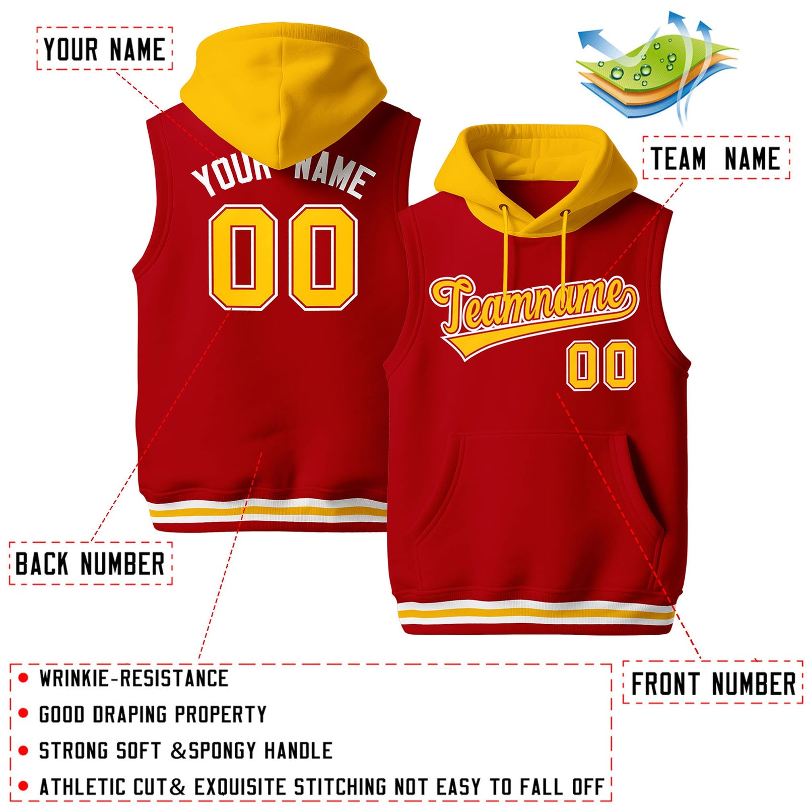 Custom Red Gold White sleeveless Classic style Hoodie| KXKSHOP