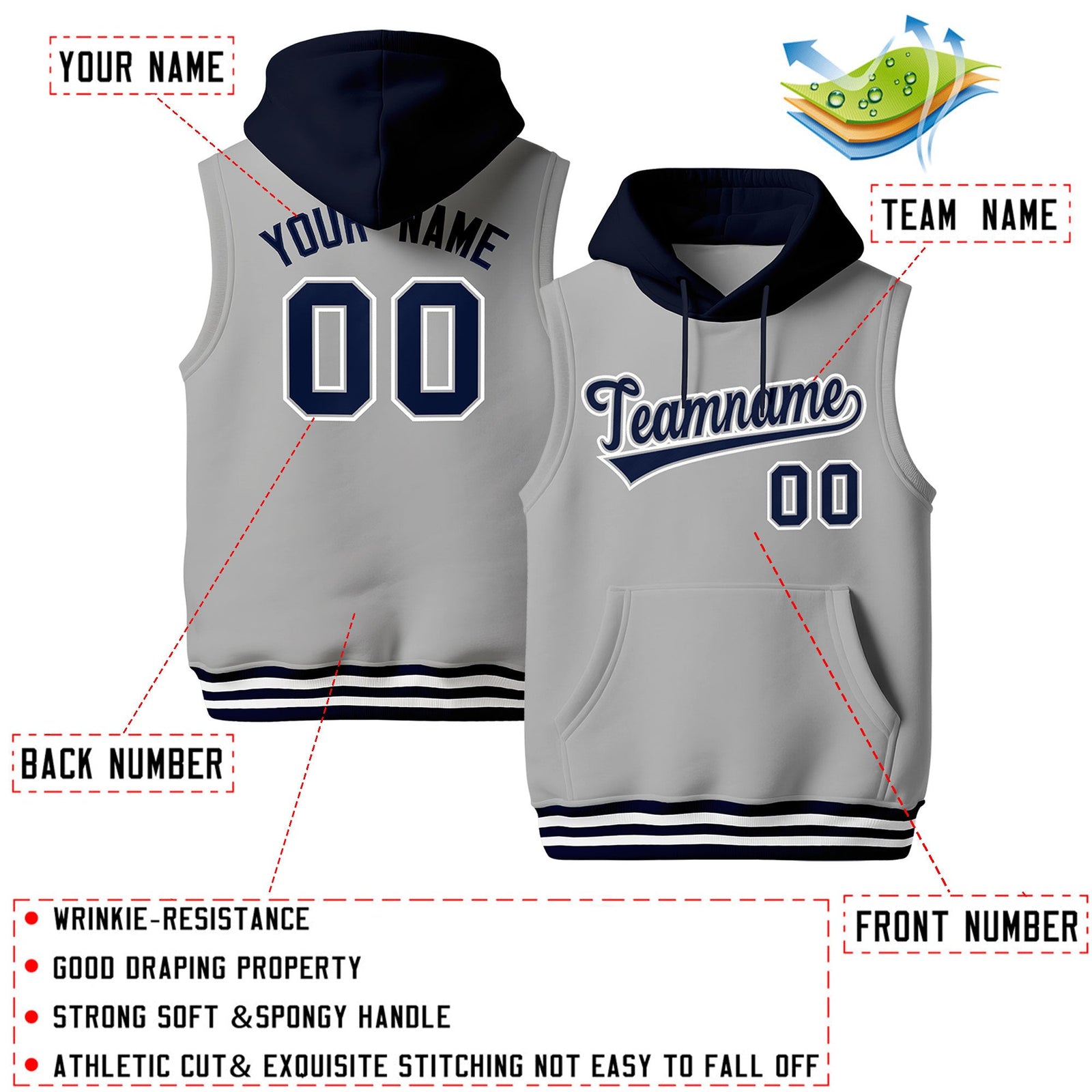 Custom Gray Navy White sleeveless Classic style Hoodie| KXKSHOP