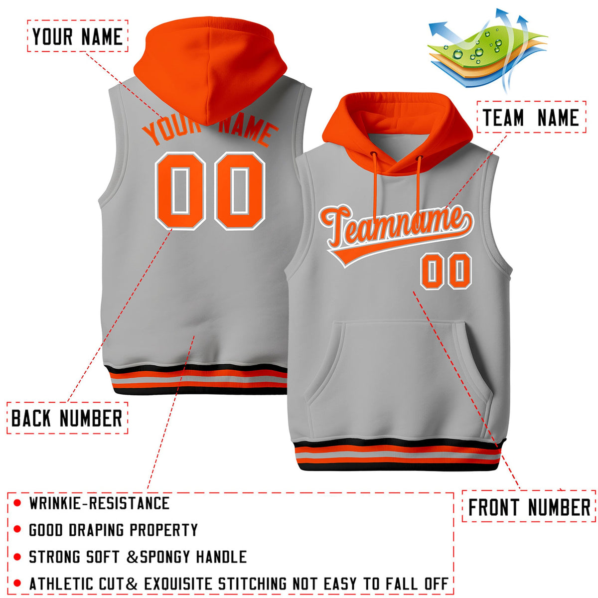 Custom Gray Orange Black sleeveless Classic style Hoodie| KXKSHOP