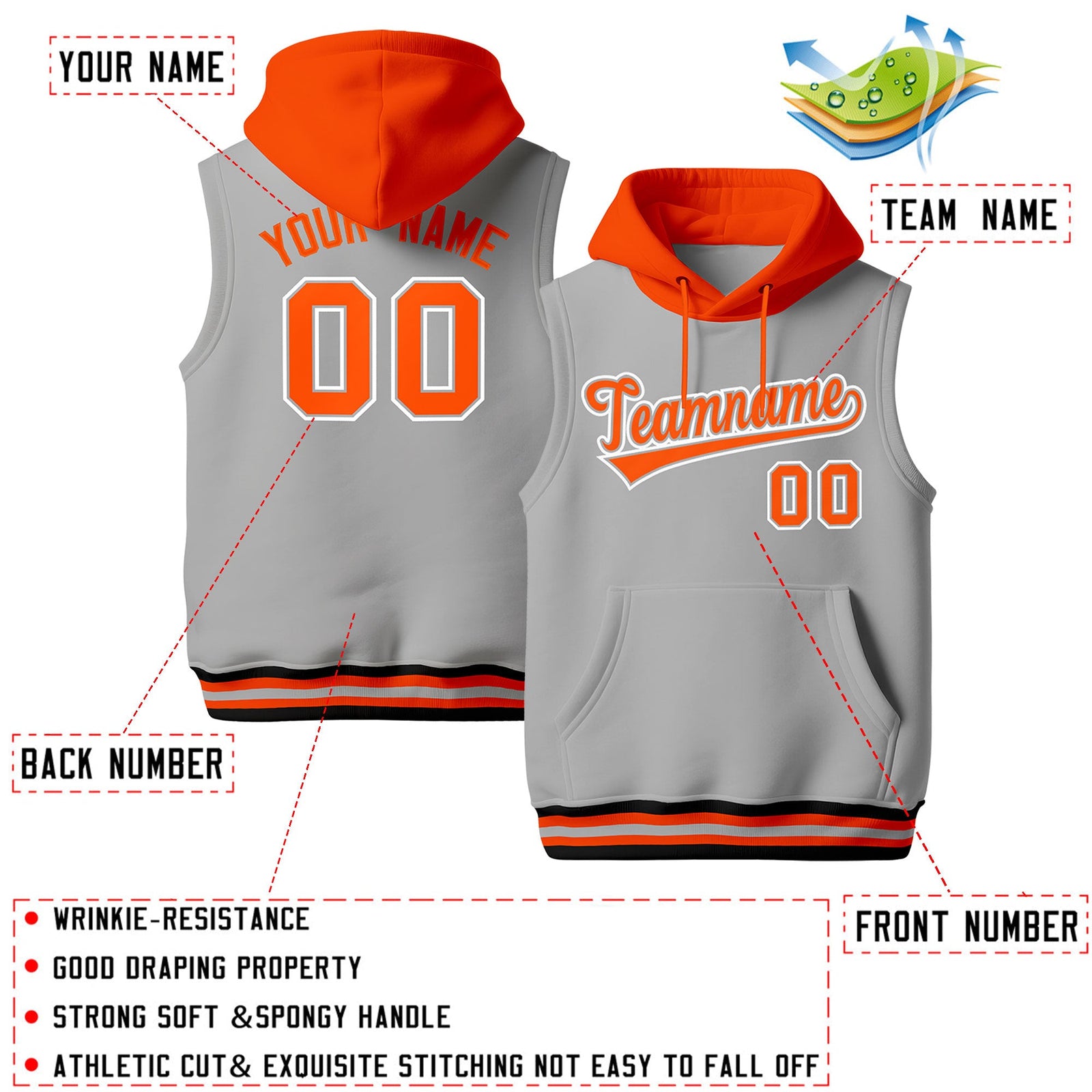 Custom Gray Orange Black sleeveless Classic style Hoodie| KXKSHOP
