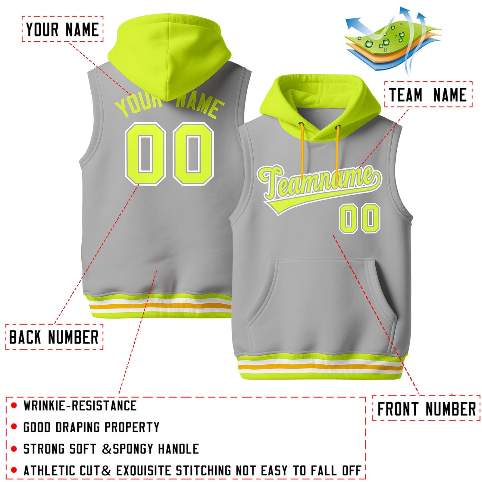 Custom Gray Fluorescent Green Neon Green sleeveless Classic style Hoodie| KXKSHOP