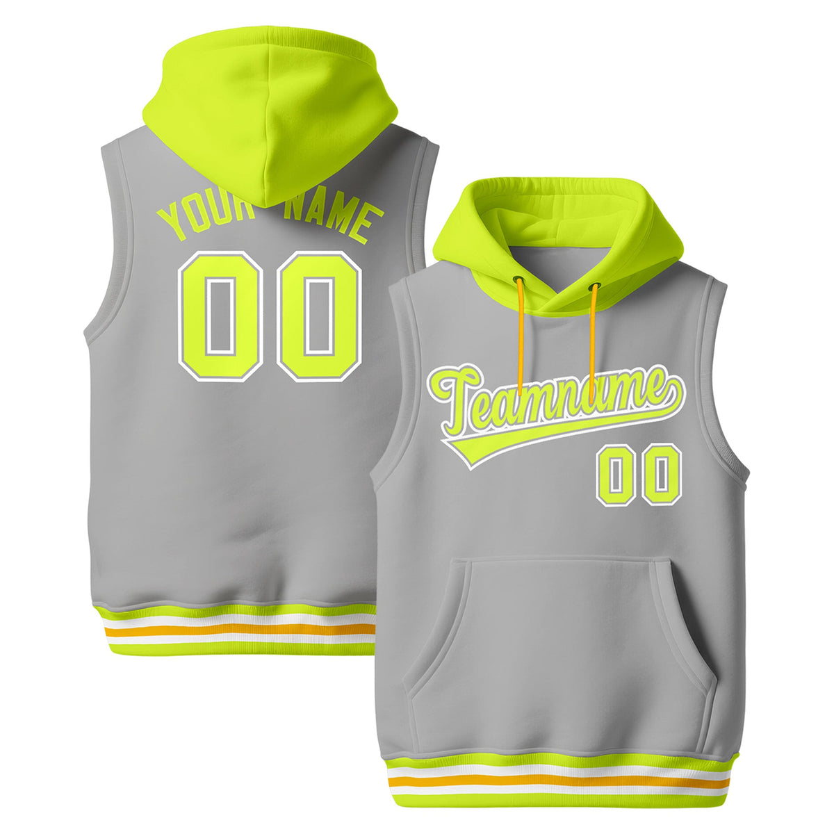 Custom Gray Fluorescent Green Neon Green sleeveless Classic style Hoodie| KXKSHOP