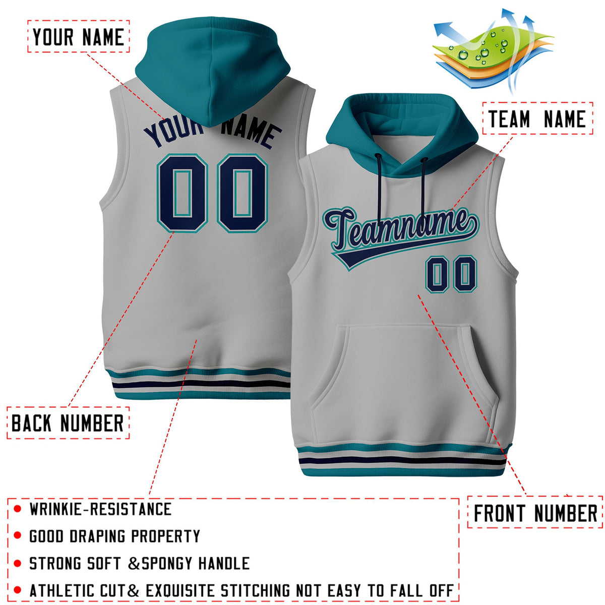 Custom Gray Teal Navy sleeveless Classic style Hoodie| KXKSHOP