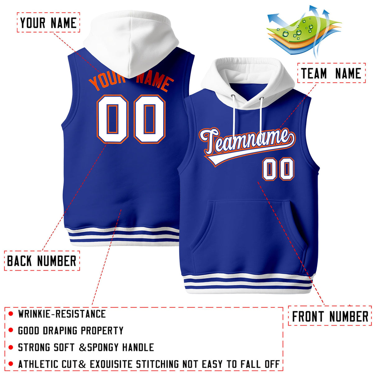 Custom Royal Blue White Orange sleeveless Classic style Hoodie| KXKSHOP